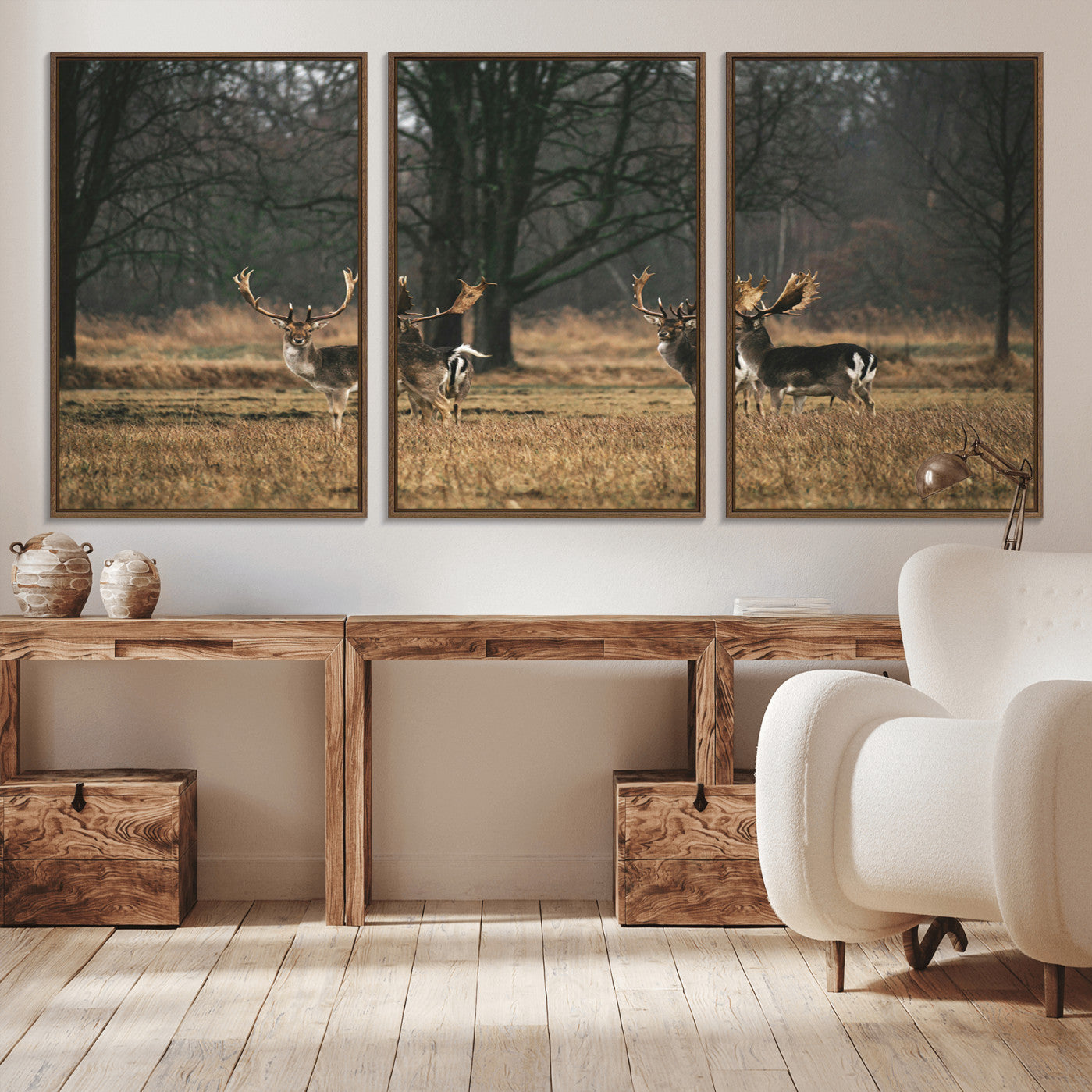 -Deer Wall Art Canvas Print – Framed Rustic Wildlife Stags Forest Nature Scene Artwork for Home, Office, Living Room