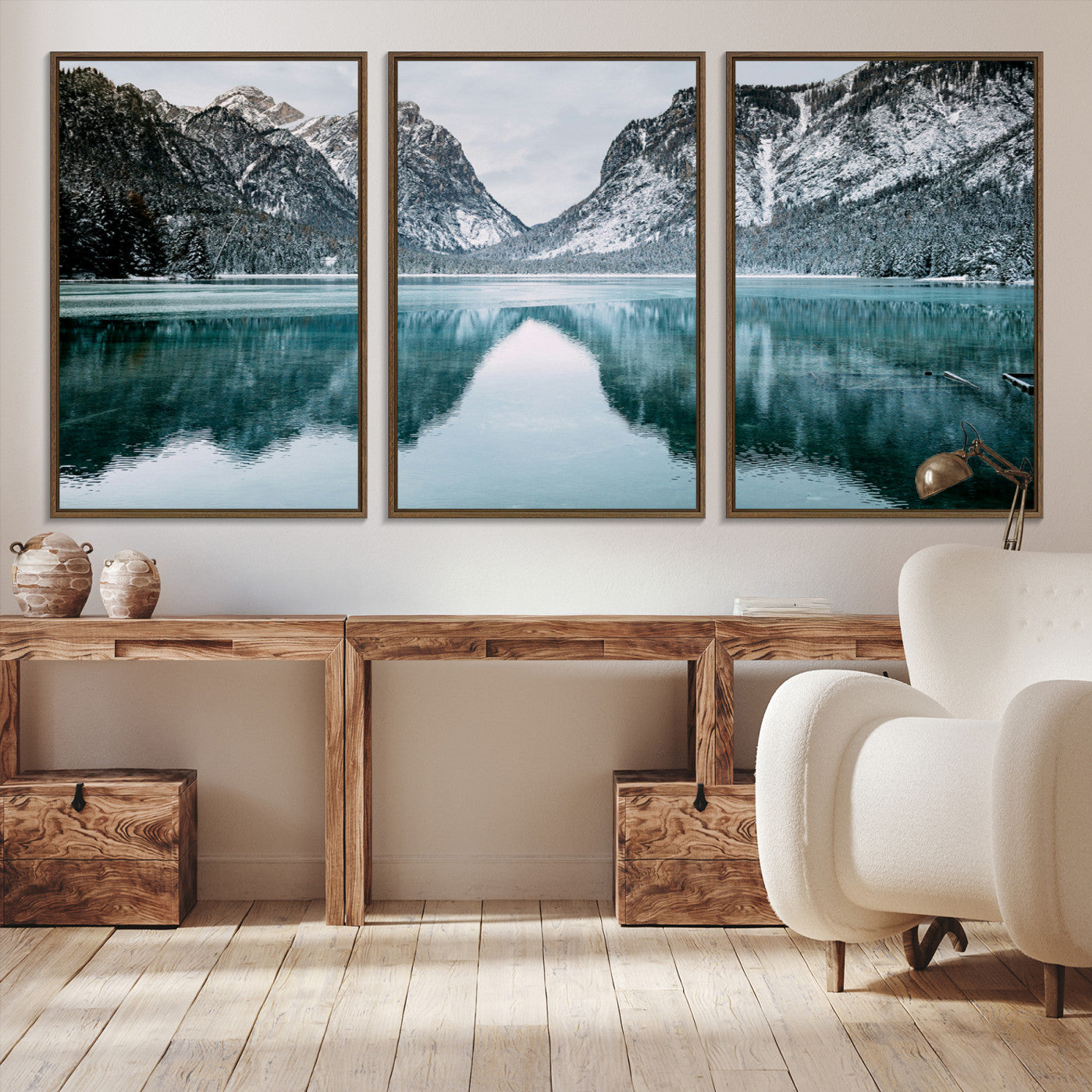 -Mountain Lake Wall Art Canvas Print – Snowy Peaks Winter Wonderland Scene Serene Nature Landscape Artwork for Home Office