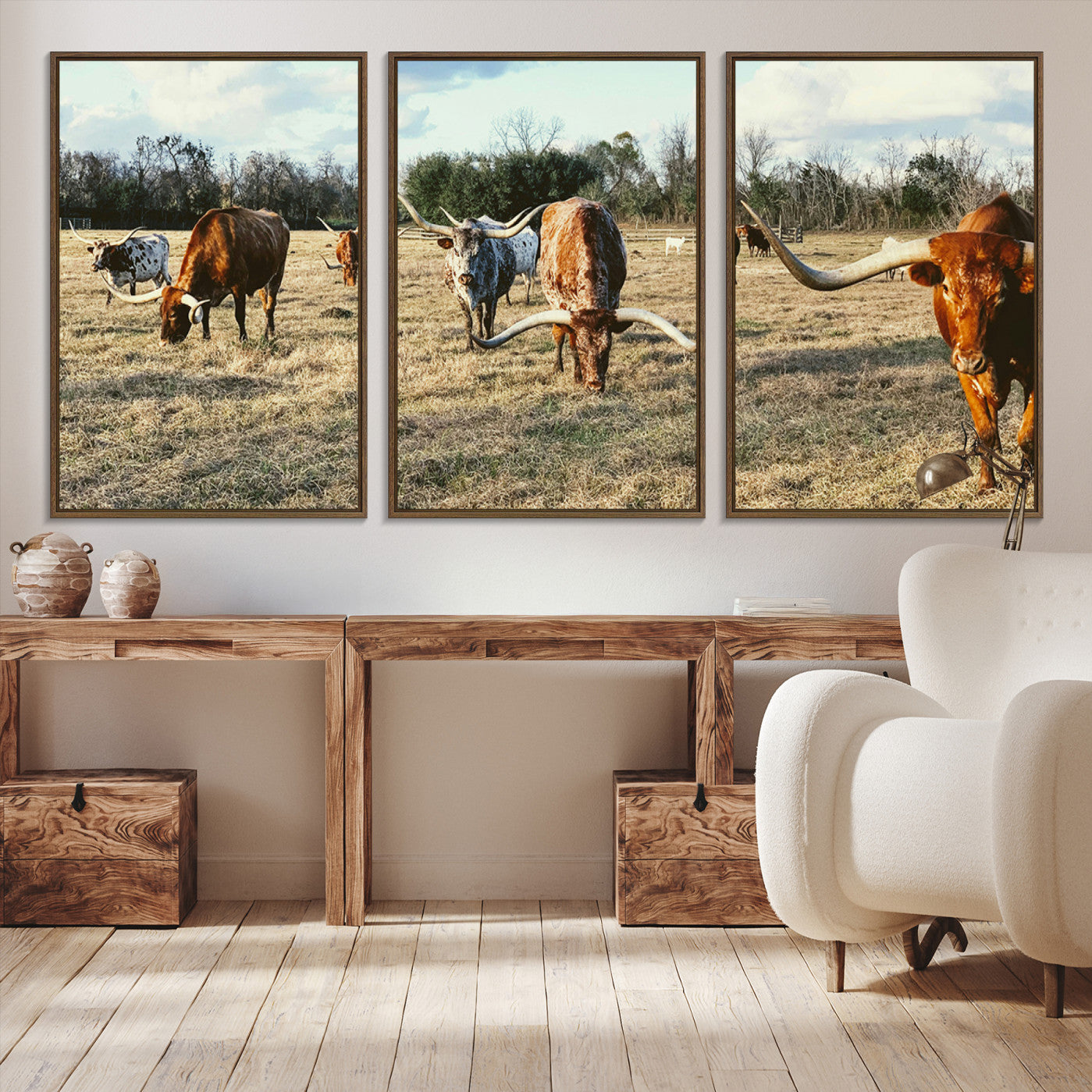 -Texas Longhorns Wall Art Canvas Print – Rustic Western Farm Scene Cattle Country Landscape Artwork for Home Office
