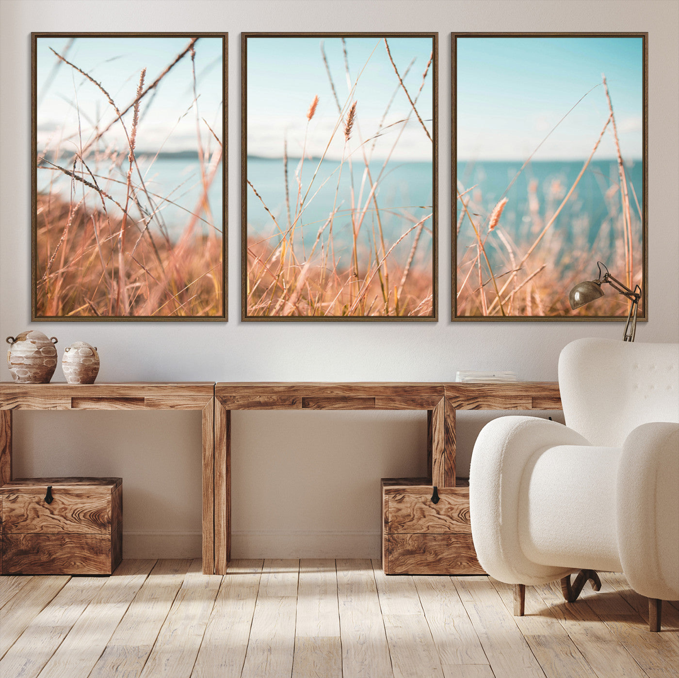 36108696-MGV-CV-36X24-Coastal Grass Landscape Wall Art Canvas Print – Golden Shoreline Nature Scene Serene Ocean View Artwork for Home Office