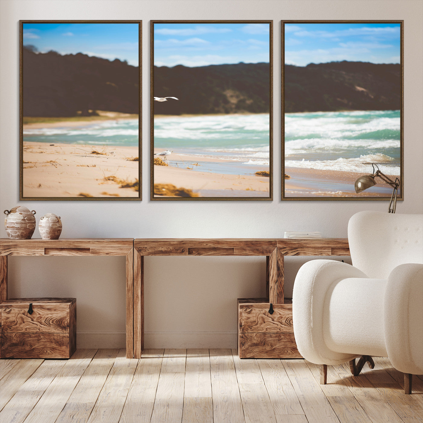 -Tranquil Beach Scene Wall Art Canvas Print – Framed Blue Ocean Waves Sandy Shore Coastal Nature Artwork for Home Office