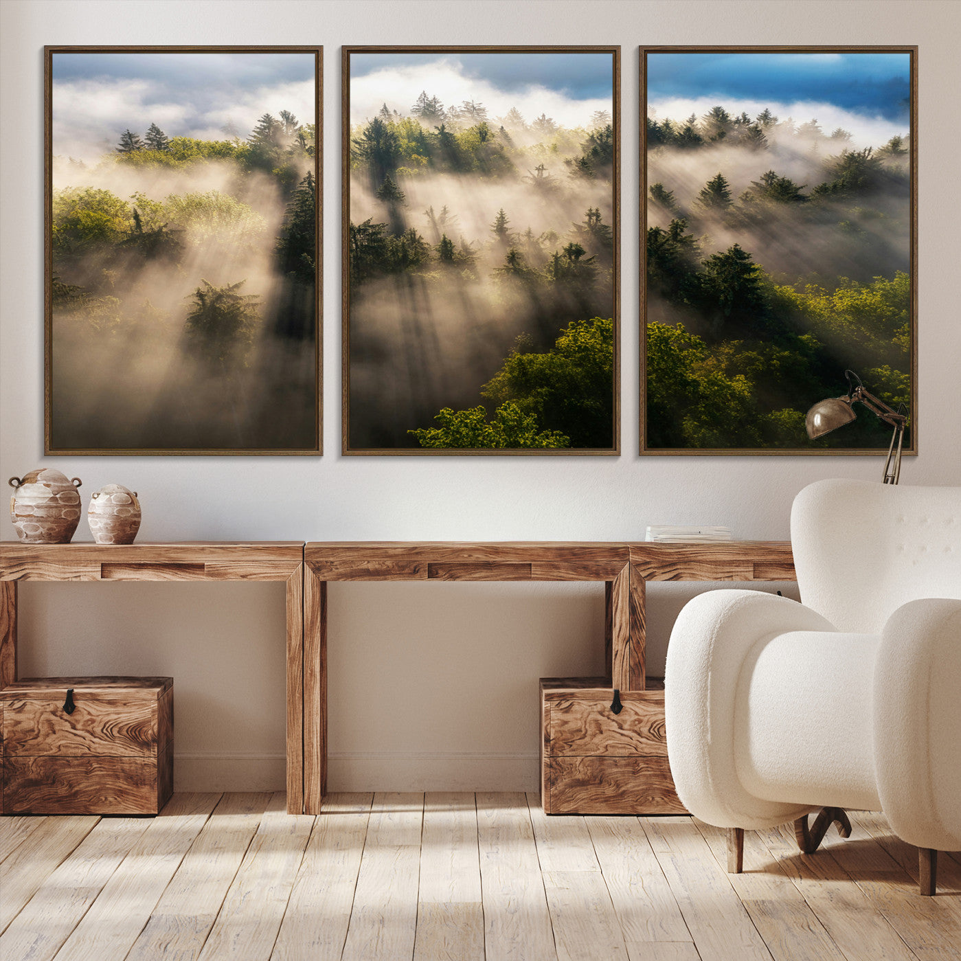 -Tranquil Forest Scene Wall Art Canvas Print – Framed Moody Sunbeam Through Trees Nature Artwork for Home Office