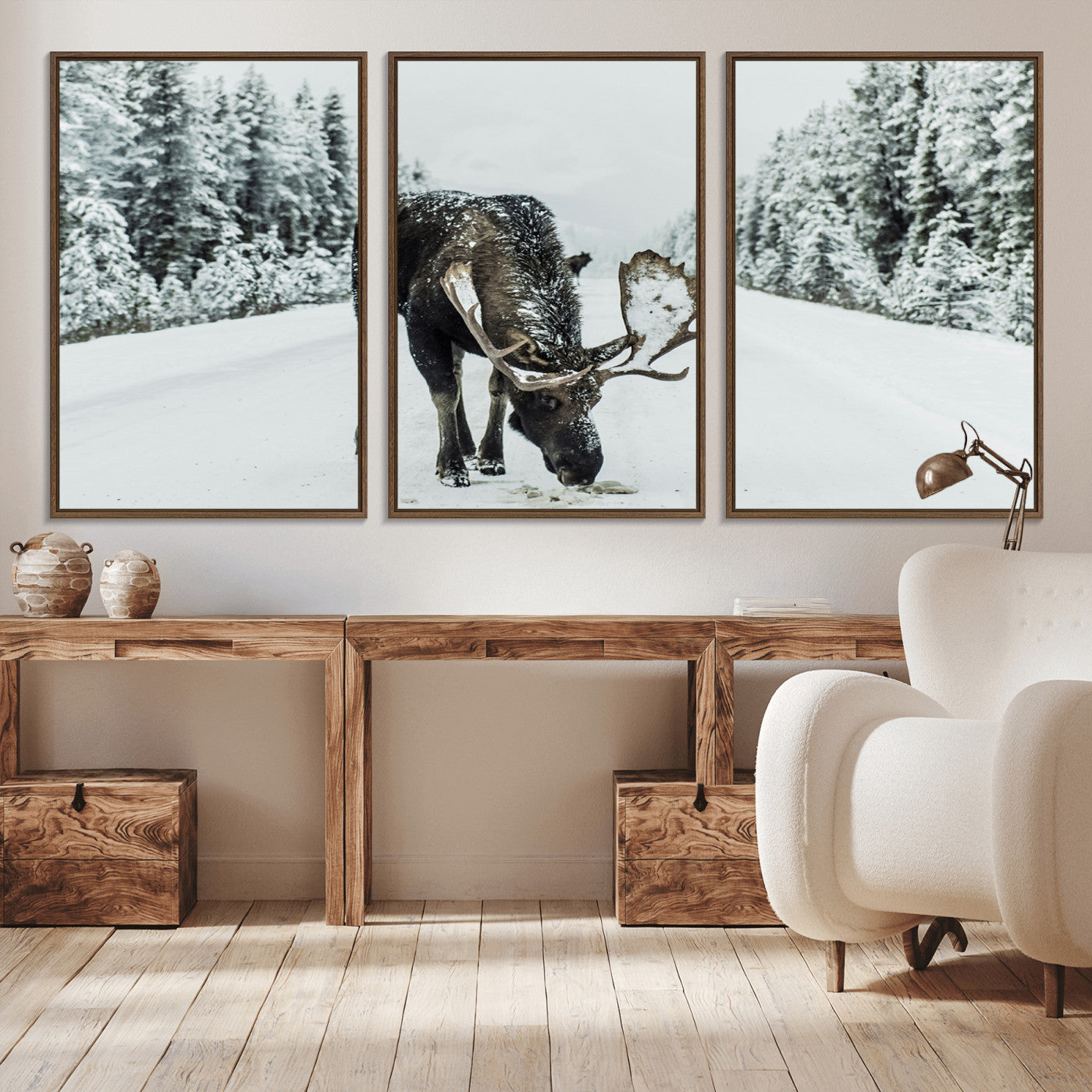-Moose Snow Wall Art Canvas Print – Framed Winter Wildlife Snowy Forest Nature Scene Artwork for Home, Office, Living Room
