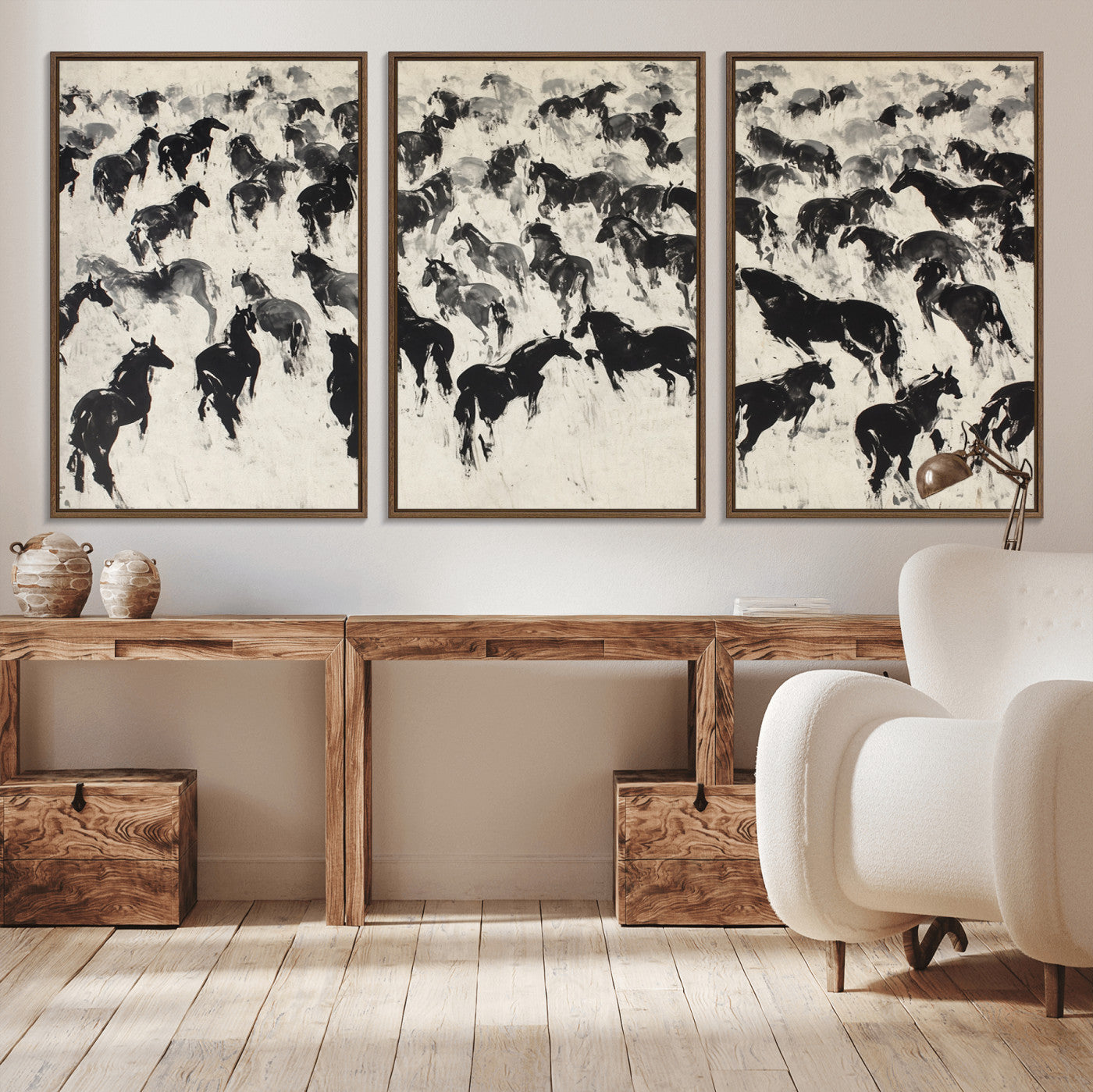 -Wild Horse Stampede Wall Art Canvas Print – Monochrome Running Horses Dynamic Motion Elegant Scene Artwork for Home, Office