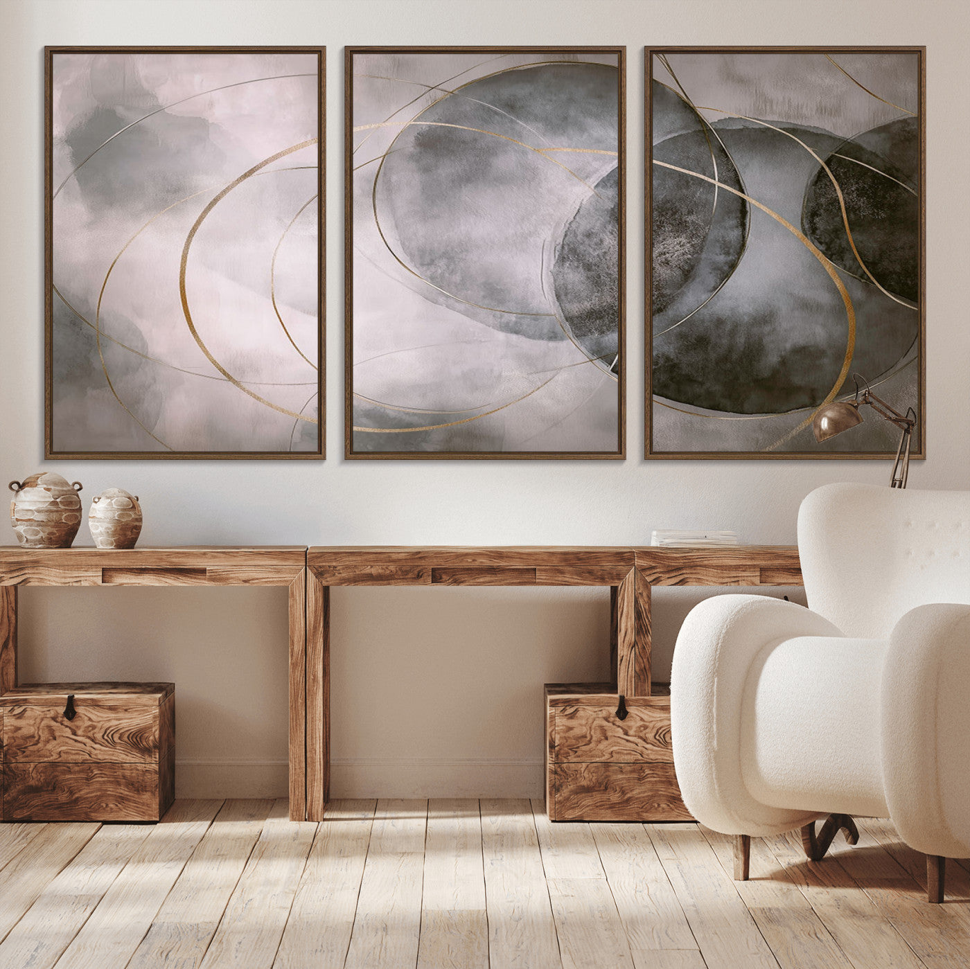 20066876-MGV-CV-36X24-Abstract Grey Gold Circle Wall Art – Modern Geometric Canvas Artwork, Minimal Elegant Design, Luxury Wall Decor for Home, Office