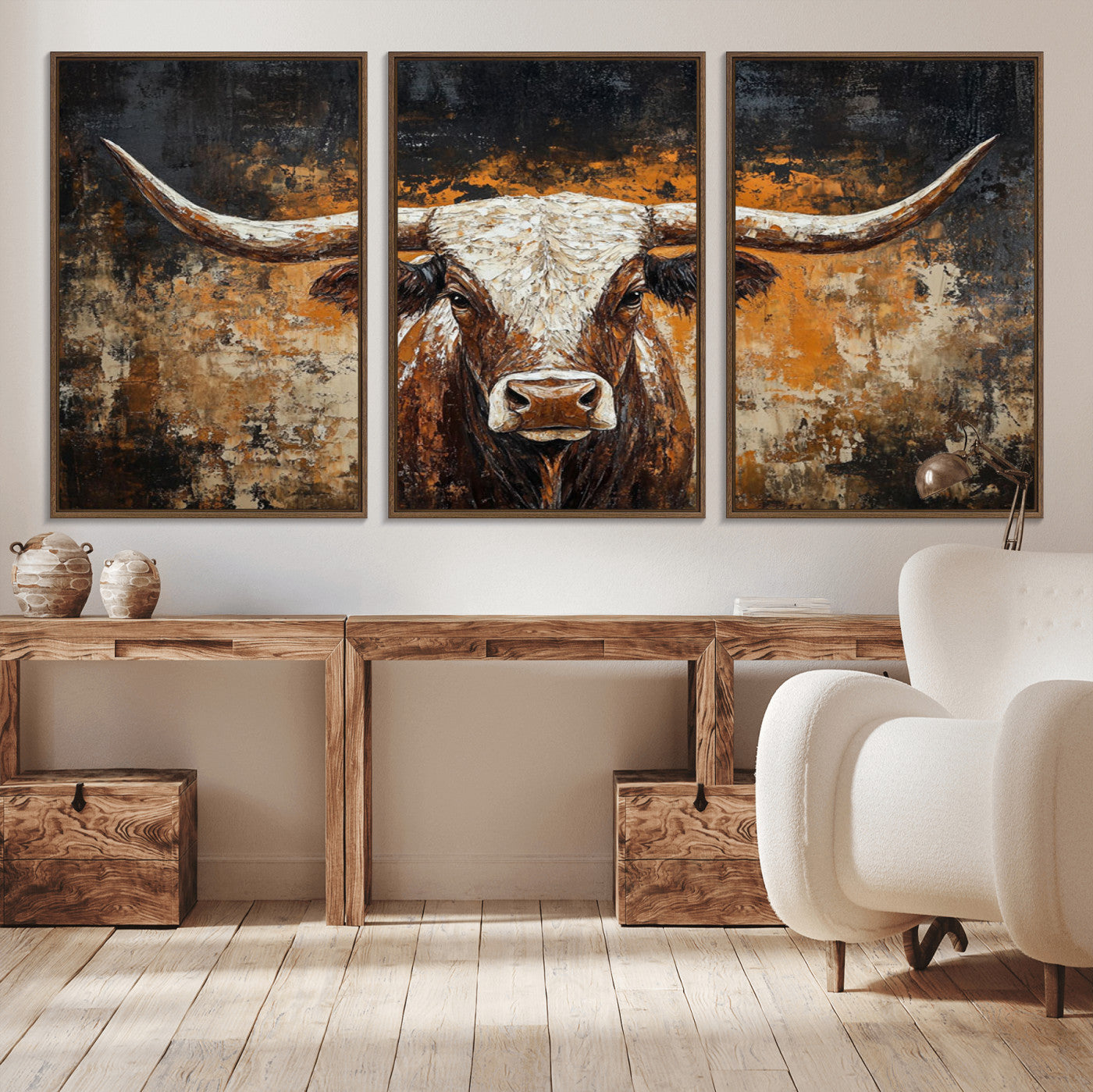 25265572-MGV-CV-36X24-Rustic Longhorn Bull Wall Art Canvas Print – Vintage Western Cattle Scene, Texas Steer Artwork for Home, Office