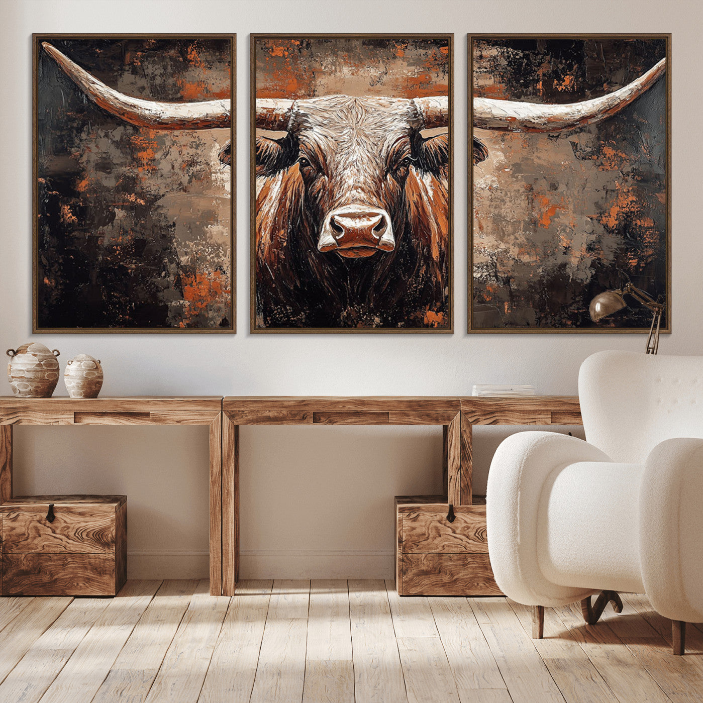 -Rustic Longhorn Bull Wall Art Canvas Print – Vintage Western Cattle Scene, Texas Steer Artwork for Home, Office