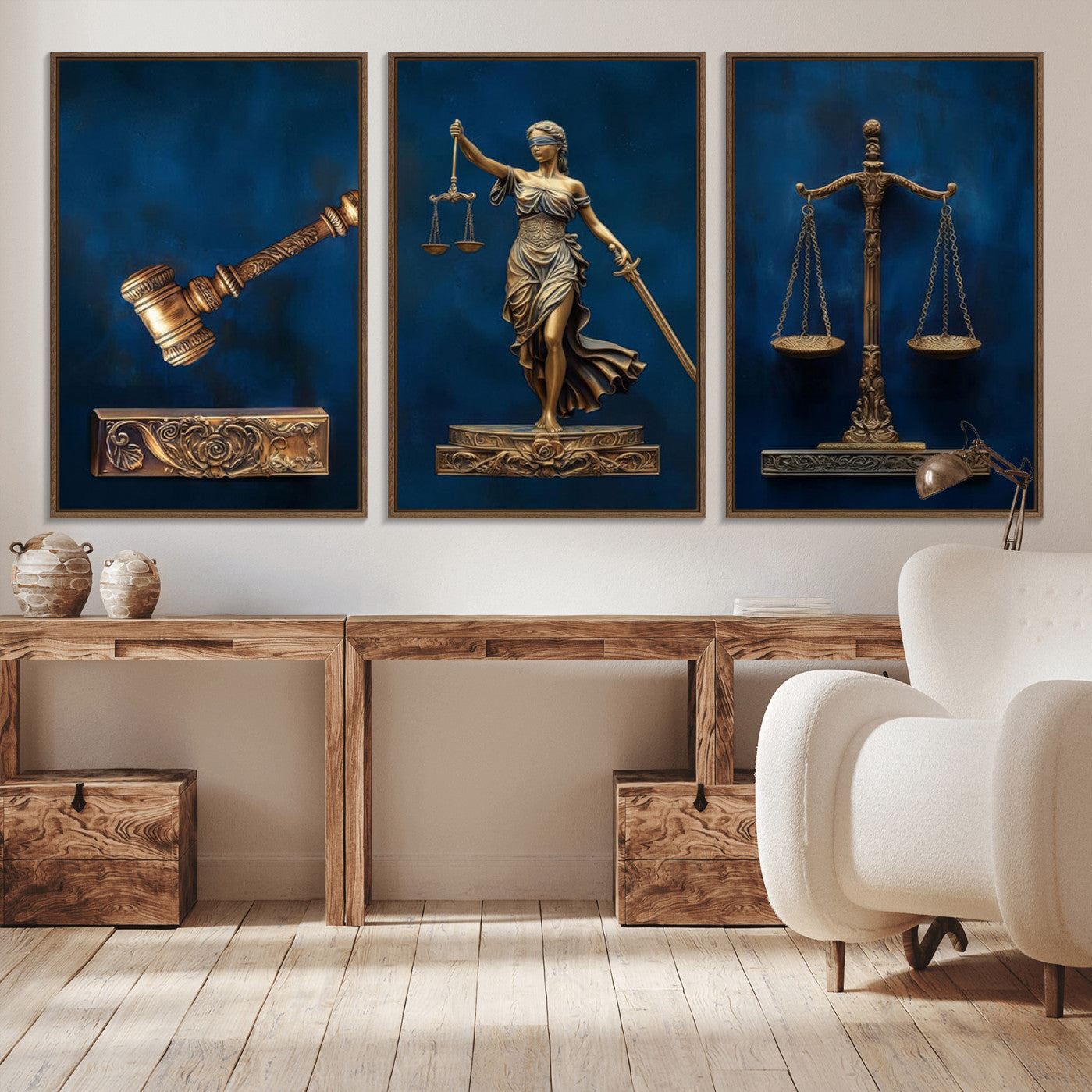 91629053-MGV-CV-36X24-Lady Justice Wall Art Canvas Print – Elegant Gold Legal Symbols Blue Background Artwork for Home, Office, Living Room