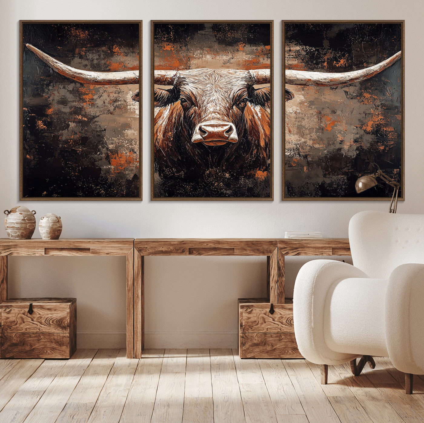 -Rustic Longhorn Bull Wall Art Canvas Print – Vintage Western Cattle Scene, Texas Steer Artwork for Home, Office