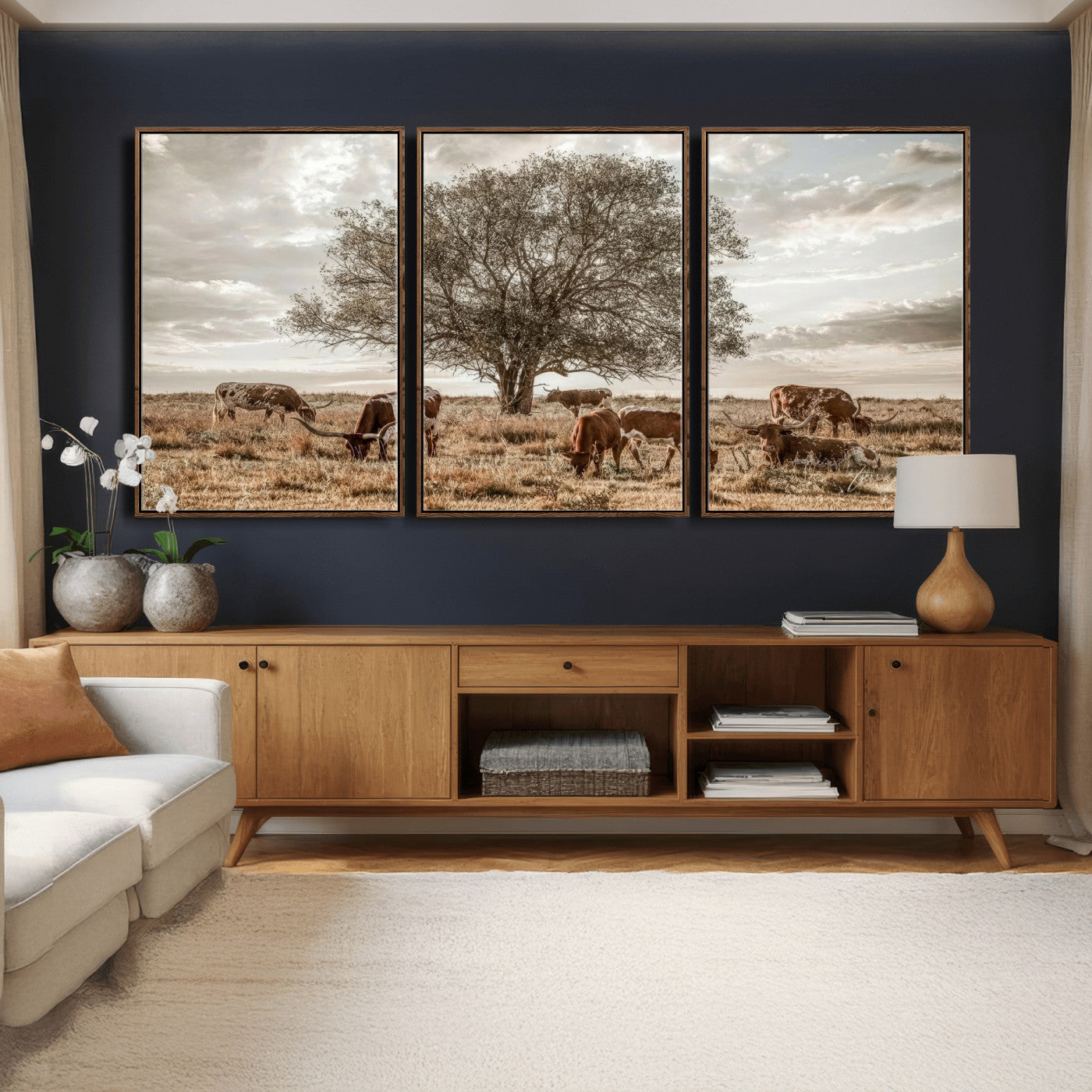 87590224-MGV-CV-36X24 - Texas Longhorn Cattle Wall Art Canvas Print – Rustic Western Ranch Scene with Steers at Sunset, Perfect for Farmhouse or Cowboy Decor