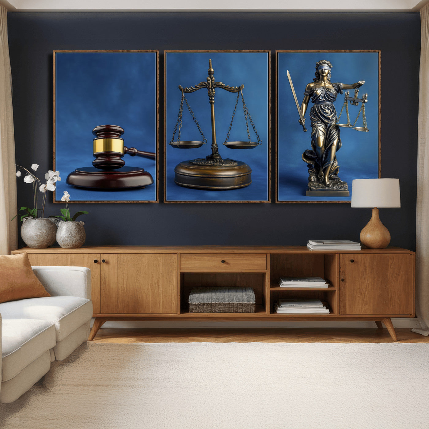 27565987-MGV-CV-60X30-3P - Legal Justice Wall Art Canvas – Gavel, Scales & Lady Justice with Courtroom Canvas Print for Law Office or Lawyer Gifts