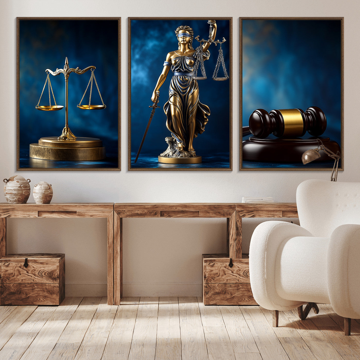 33888279-MGV-FP-36X24-3P_Walnut-Lady Justice Wall Art Canvas Print – Elegant Gold Legal Symbols Blue Background, Perfect for Law