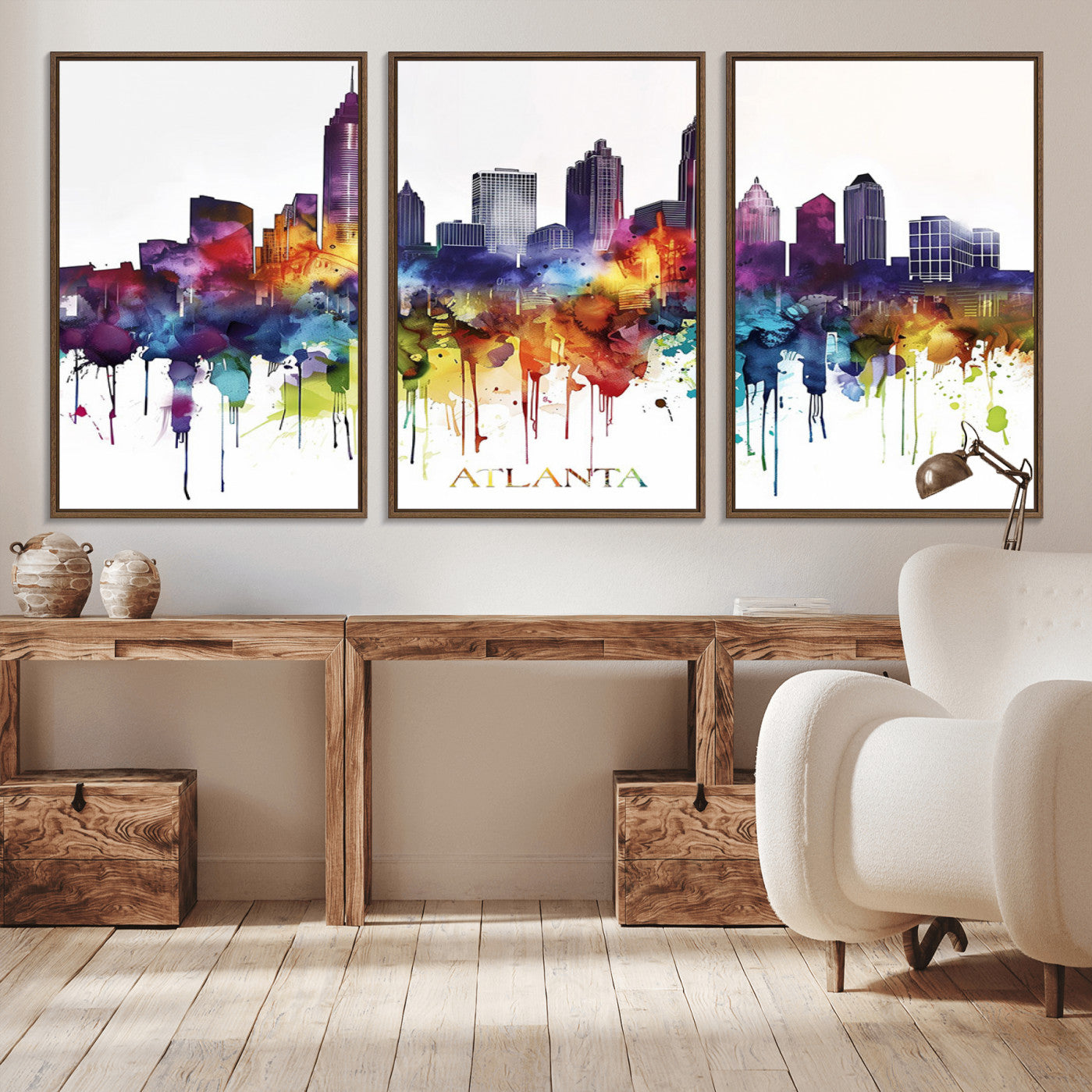 36048320-MGV-CV-36X24-Atlanta Skyline Wall Art Canvas Print – Framed Colorful Watercolor Cityscape Abstract Urban Artwork for Home, Office