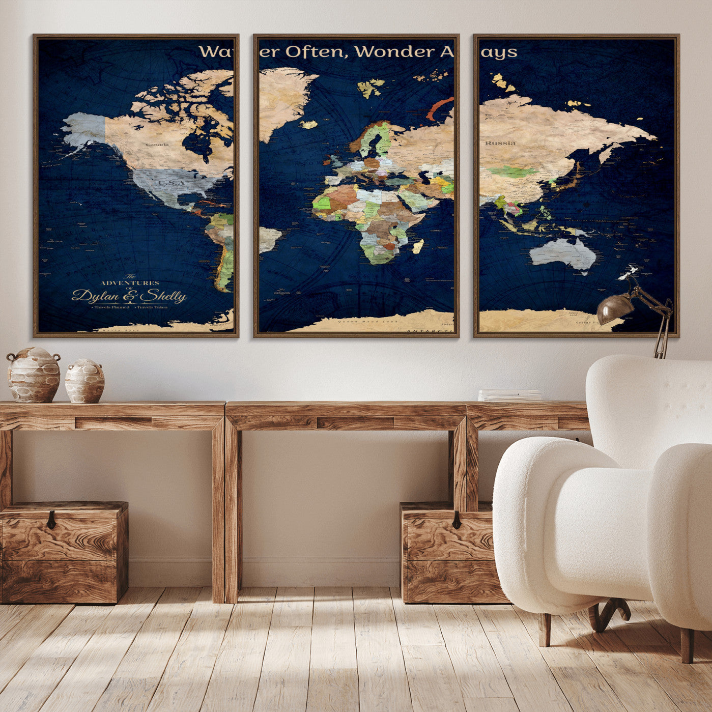 Rehber01-MGV-CV-36X24-Personalized World Map Canvas – Custom Framed Push Pin Travel Map Wall Art, Navy Blue Vintage Gift for Couples and Adventurers