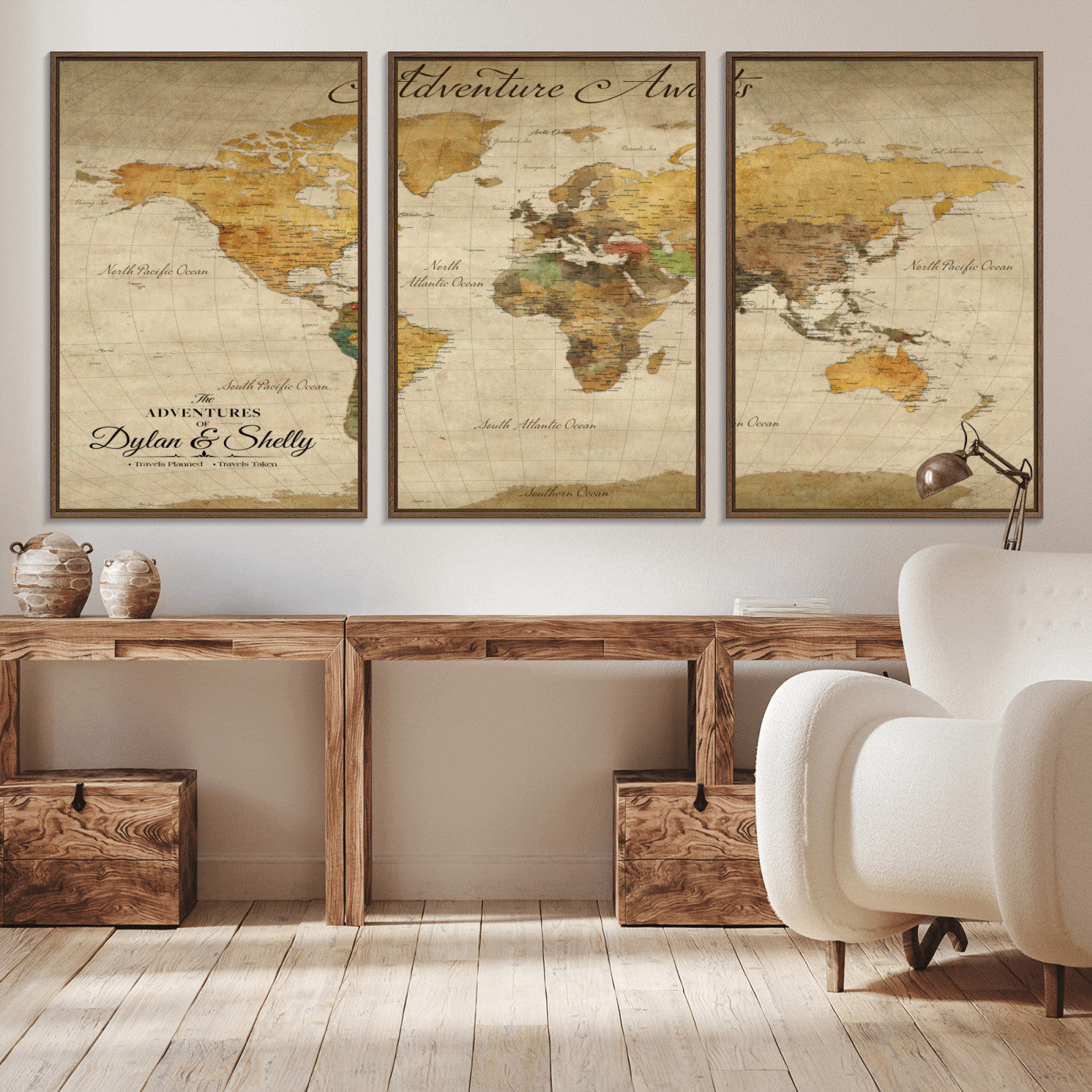 Rehber01-MGV-CV-36X24-Personalized World Map Canvas – Custom Framed Push Pin Travel Map Wall Art, Rustic Vintage Gift for Couples and Travel Lovers