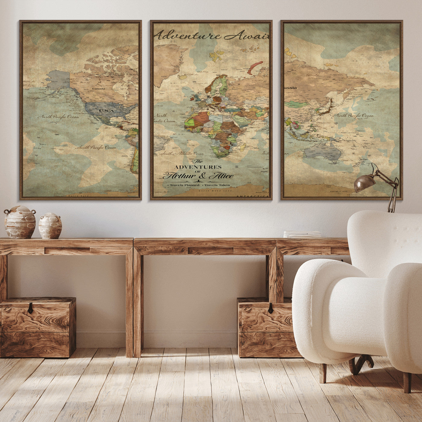 Rehber01-MGV-CV-36X24-Personalized Vintage World Map Canvas Print – Custom Push Pin Travel Map Antique Style Gift for Couples Travelers for Home Office