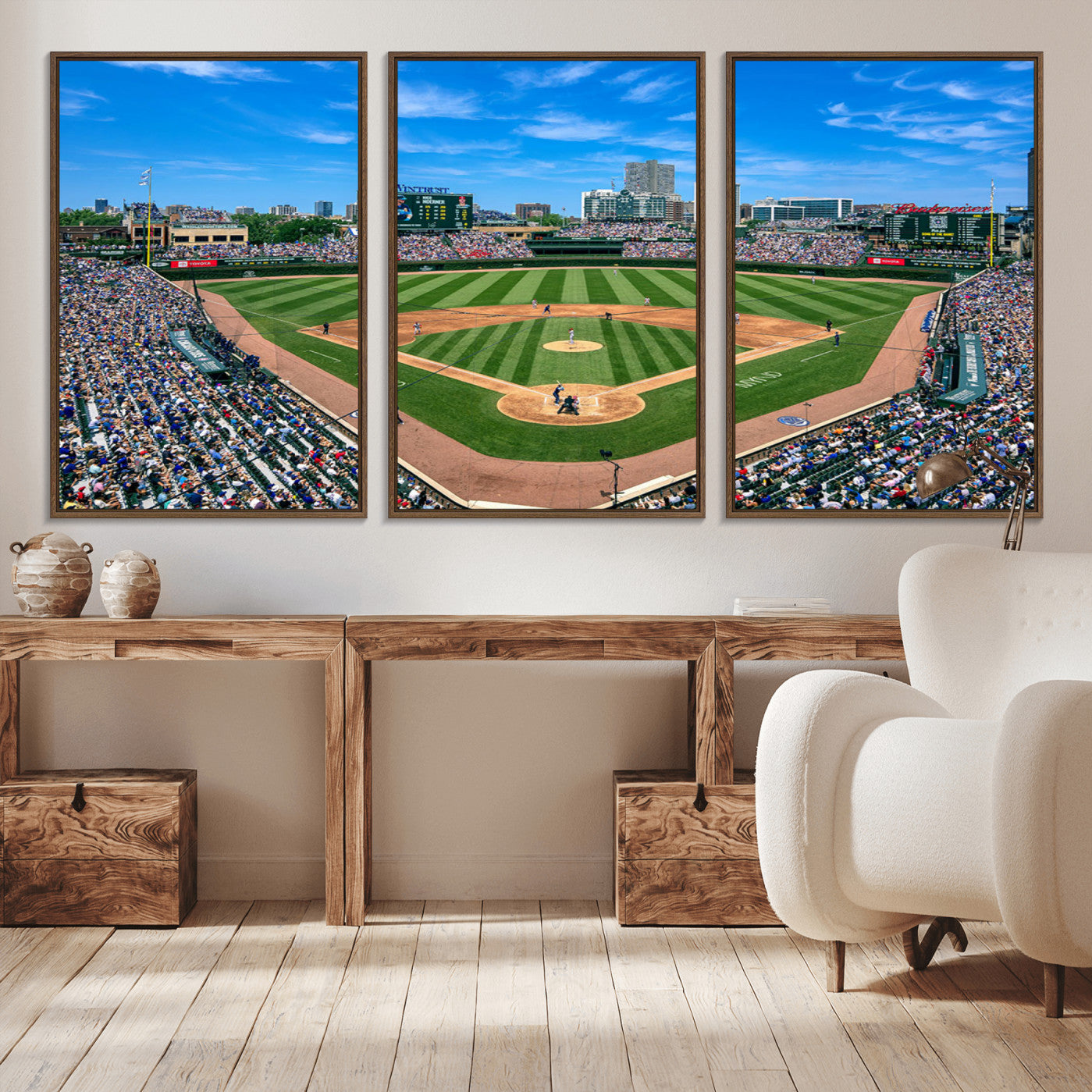 35800083-MGV-FC-60X30-3P - Wrigley Field Baseball Stadium Canvas Wall Art – Packed Crowd Sports Stadium City Skyline Artwork for Home Office