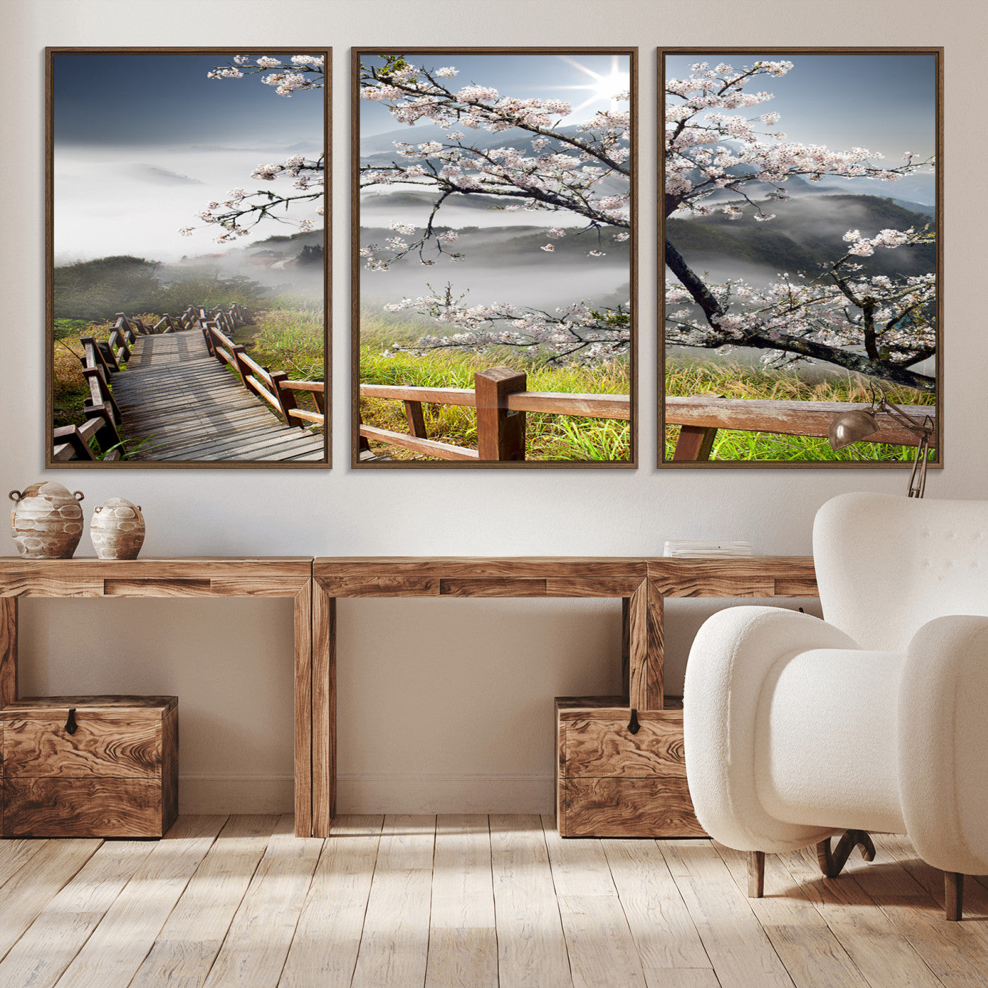 -Sakura Cherry Blossom Pathway Canvas Wall Art – Tranquil Walk Through Blossoming Nature – Ready to