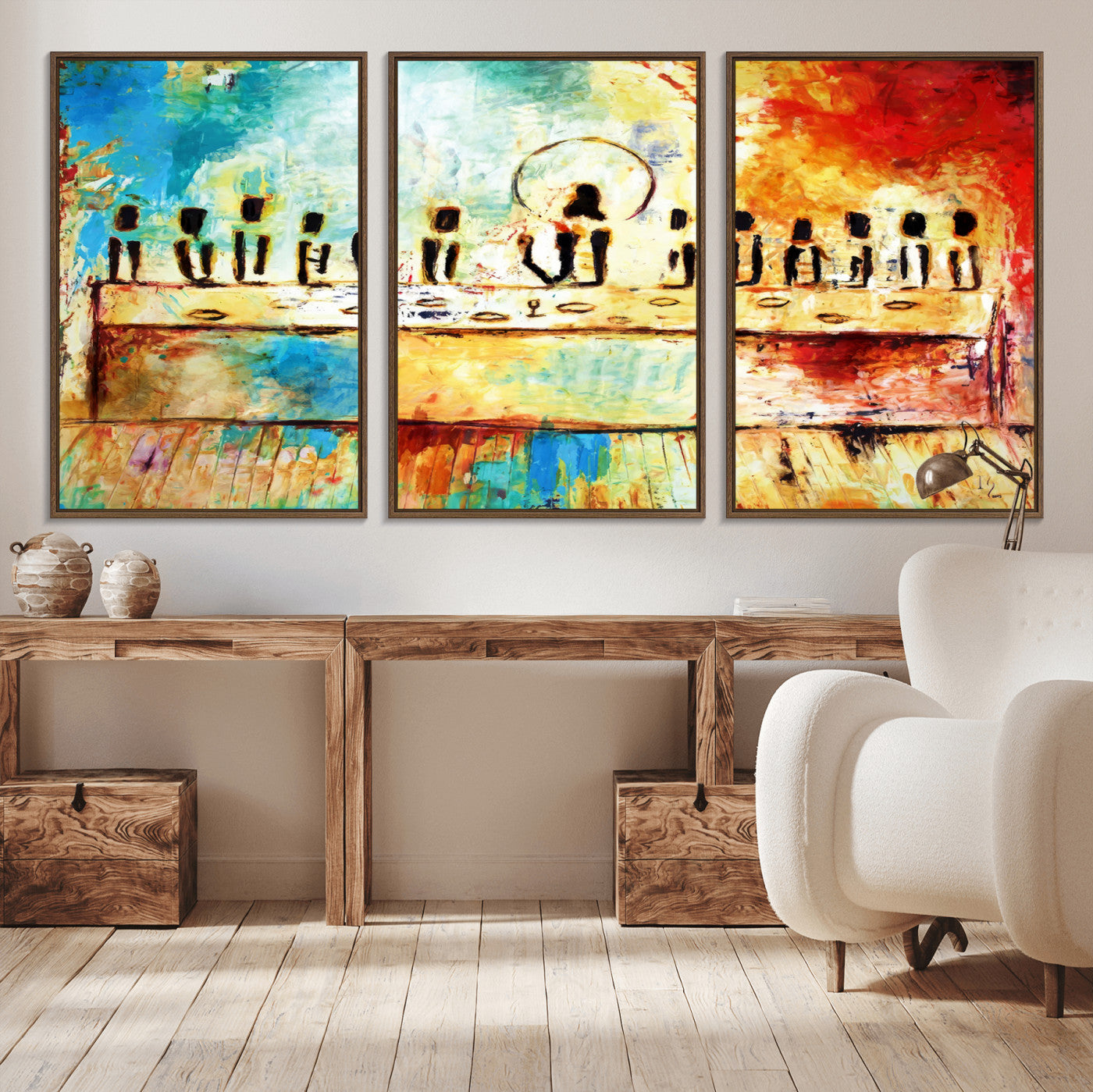 YKE34632598CR-MGV-CV-36X24-Abstract Last Supper Wall Art Canvas Print – Apostles Gathering Modern Spiritual Colorful Artwork for home, office