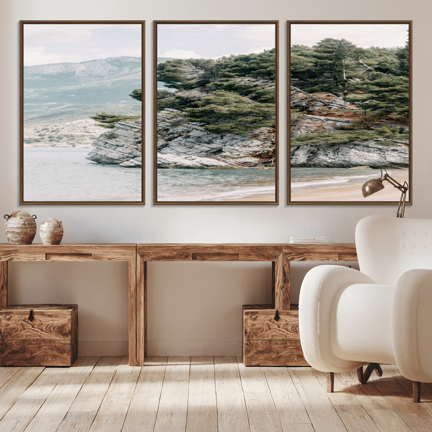 MGV-FC-60X30-3P - Coastal Rock Canvas Wall Art Print, Scenic Beach Landscape, Pine Trees on Rocky Cliff, Large Nature