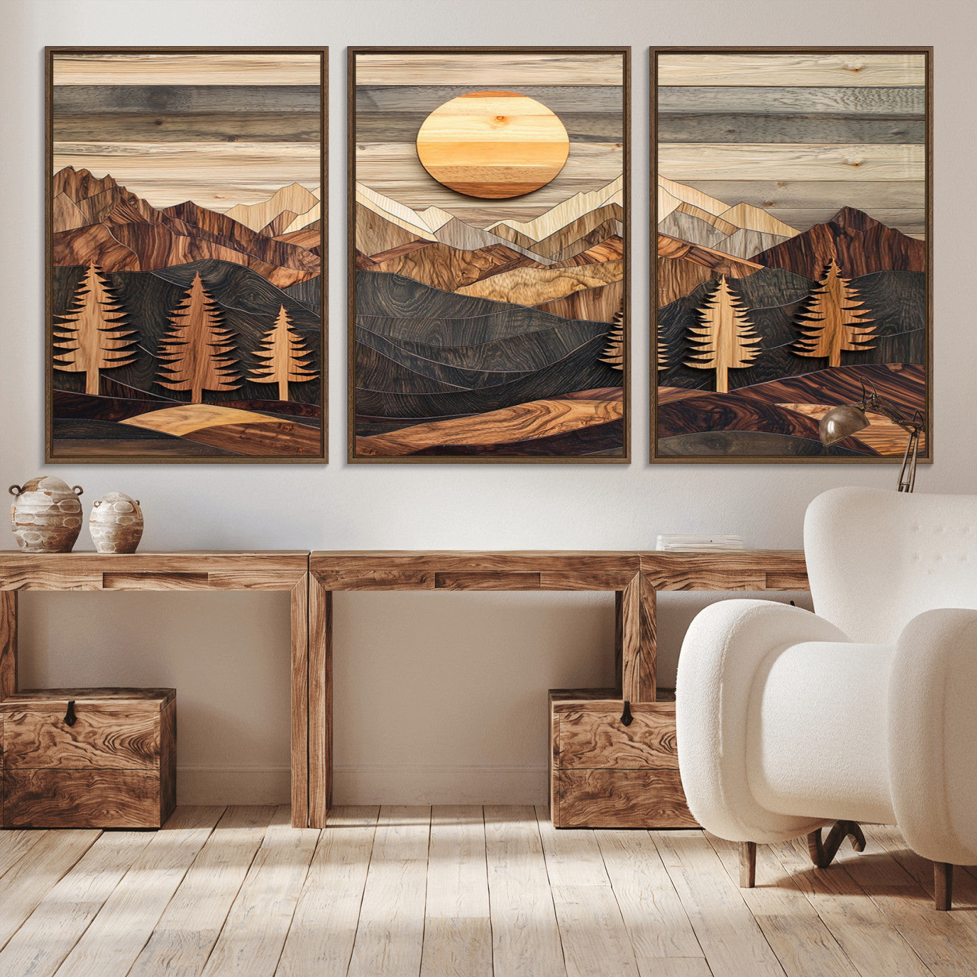MGV-FC-60X30-3P - Wooden Mountain Layers Canvas Wall Art – Rustic Pine Tree Landscape with Sunlight Artistic Nature