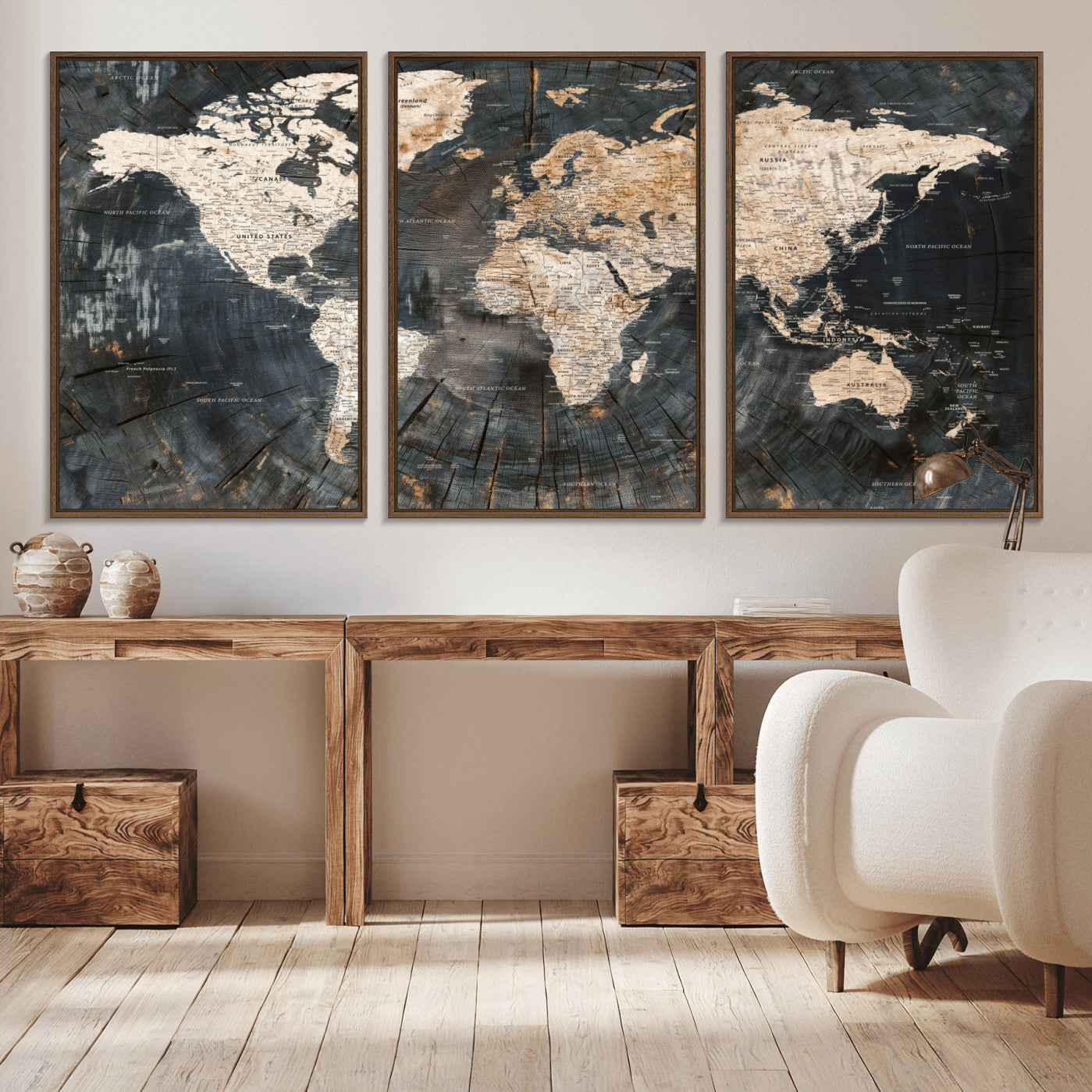 57626704-MGV-FC-60X30-3P - World Map Wall Art Canvas Print, Modern Decorative Framed Map Artwork Prints for Living Room, Office, Bedroom Wall Decor