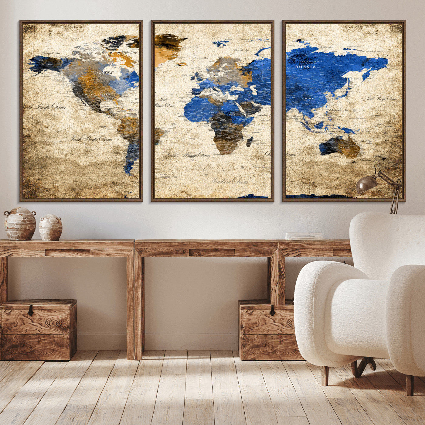 13564339-MGV-FC-60X30-3P - World Map Wall Art Canvas Print, Modern Decorative Framed Map Artwork Prints for Living Room, Office, Bedroom Wall Decor
