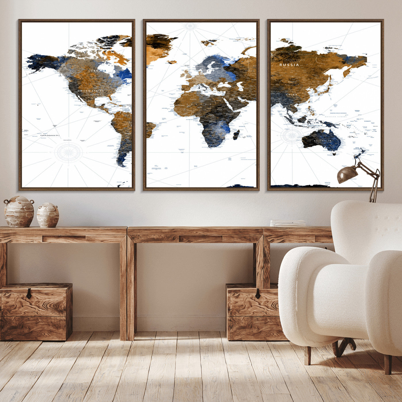40862517-MGV-FC-60X30-3P - World Map Wall Art Canvas Print, Modern Decorative Framed Map Artwork Prints for Living Room, Office, Bedroom Wall Decor
