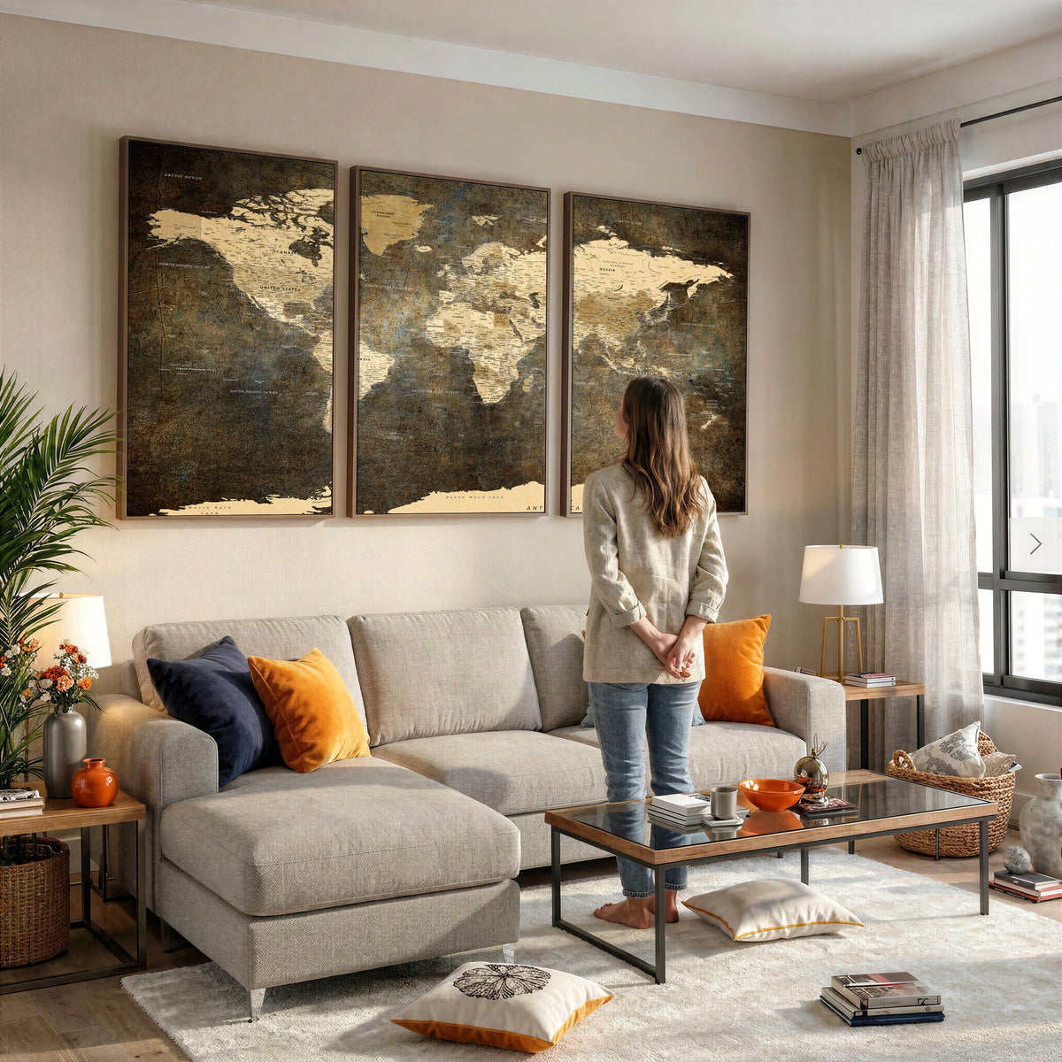 89742472-MGV-CV-36X24 - Large Framed Vintage World Map Wall Art Print for Home Wall