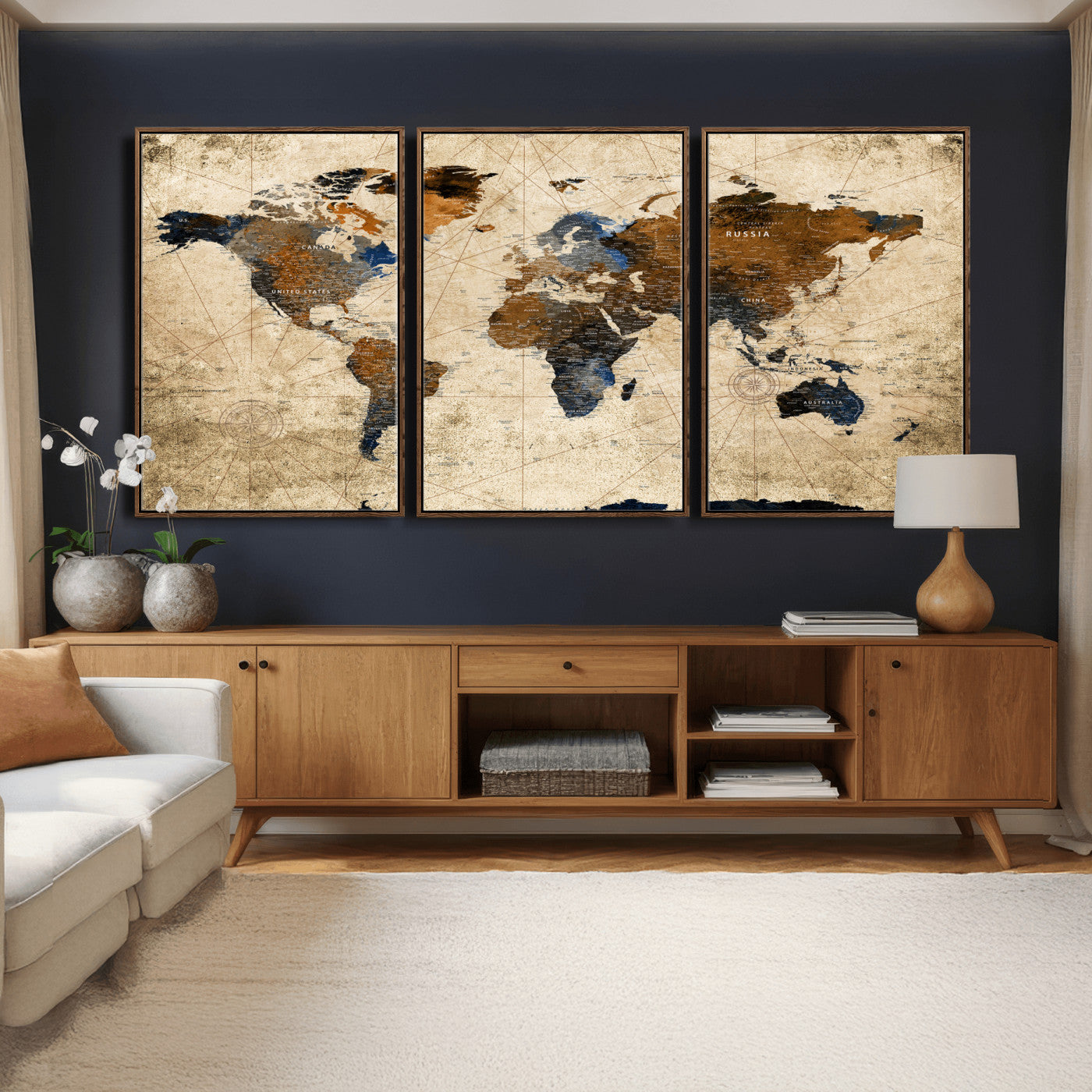 27163414-MGV-CV-36X24 - World Map Wall Art – Rustic Earth Tone Canvas Print, Antique Travel Map Design for Living Room, Office or Study, Classic Adventure Decor