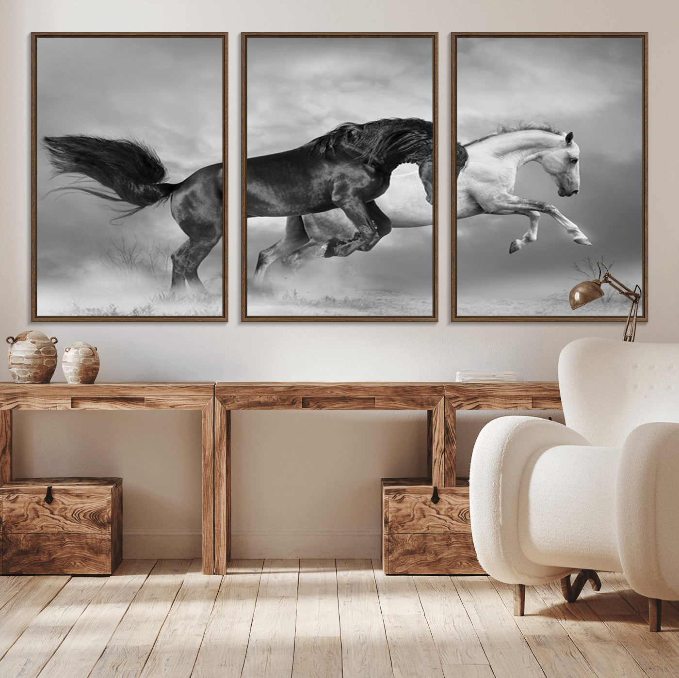 -Wild Horses Wall Art Canvas Print – Framed Black and White Galloping Horses Dynamic Animal Artwork for Home, Office