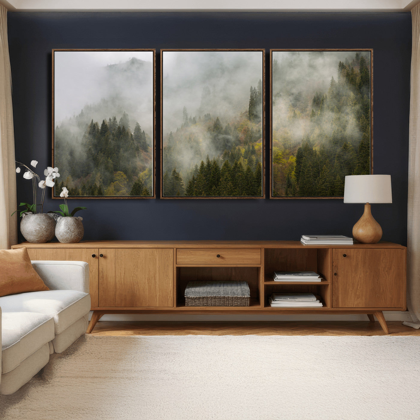 31152954-MGV-CV-36X24 - Misty Mountain Forest Canvas Print, Foggy Pine Trees Nature Wall Art, Framed Canvas Ready to Hang