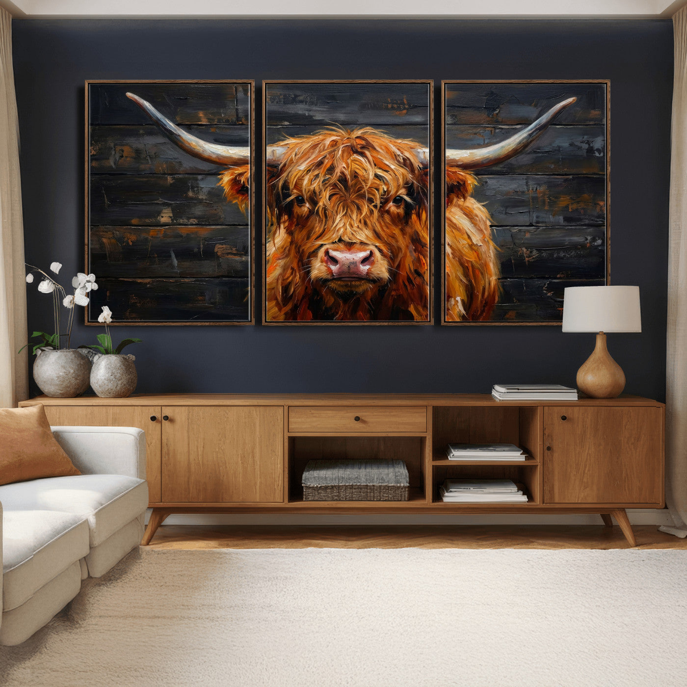 32536611-MGV-CV-36X24 - Highland Cow Wall Art Canvas Print, Rustic Farm Animal Painting, Framed Wall Art Ready to Hang