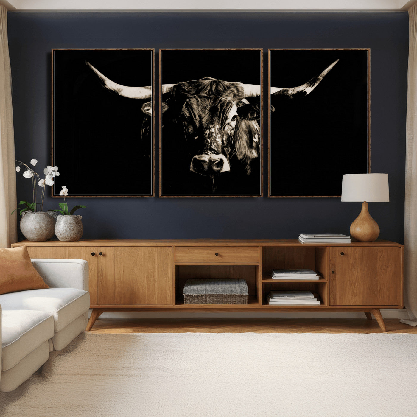 75774468-MGV-CV-36X24 - Black Bull Wall Art Canvas Print, Dark Longhorn Portrait Photography, Framed Wall Art Ready to Hang