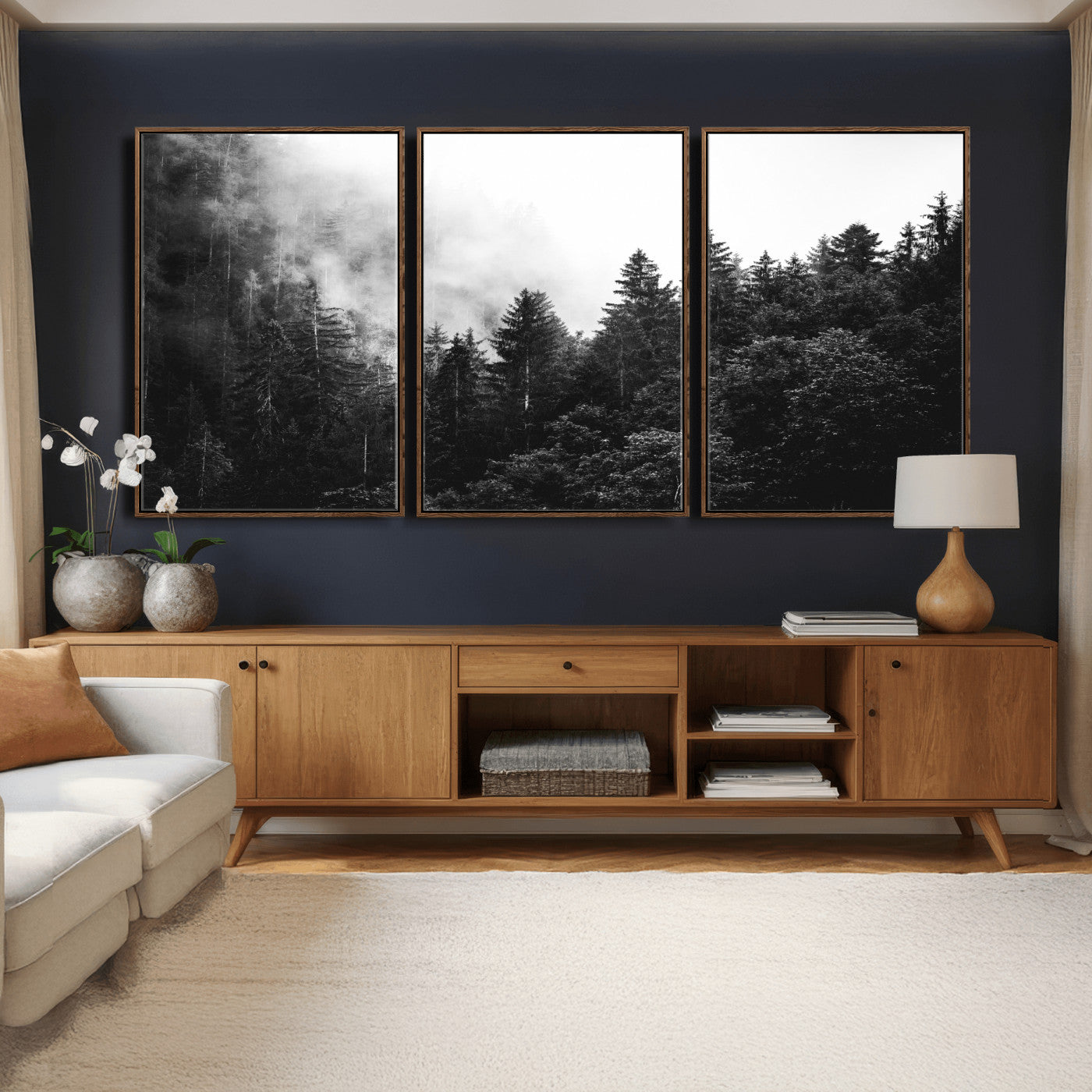 98764151-MGV-CV-36X24 - Black and White Forest Wall Art Canvas Print, Misty Pine Tree Landscape Photography, Framed Wall Art Ready to Hang