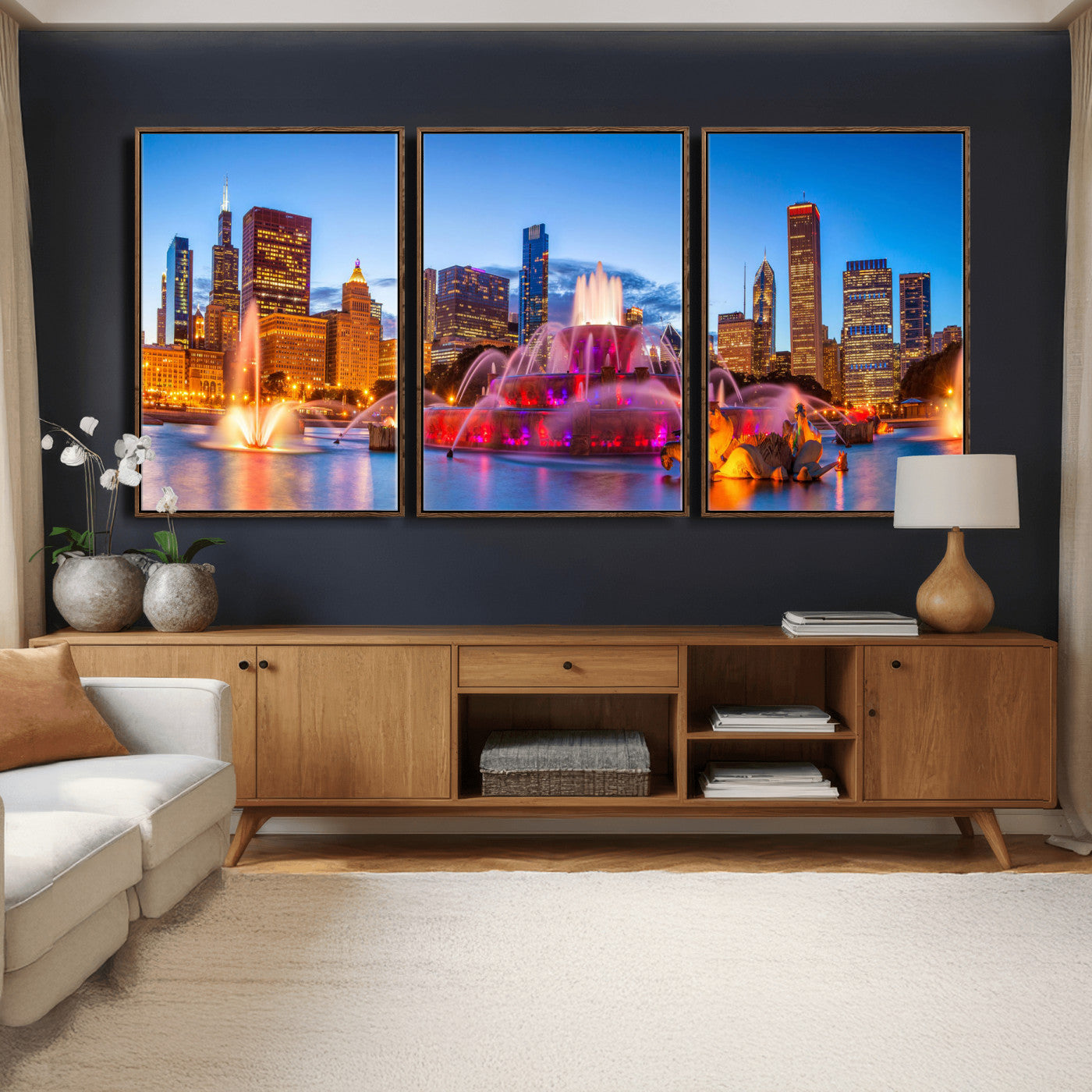 20251989-MGV-CV-36X24 - Chicago Wall Art Canvas Print, Chicago City Downtown Night Cityscape Print for Modern Urban Wall Decor