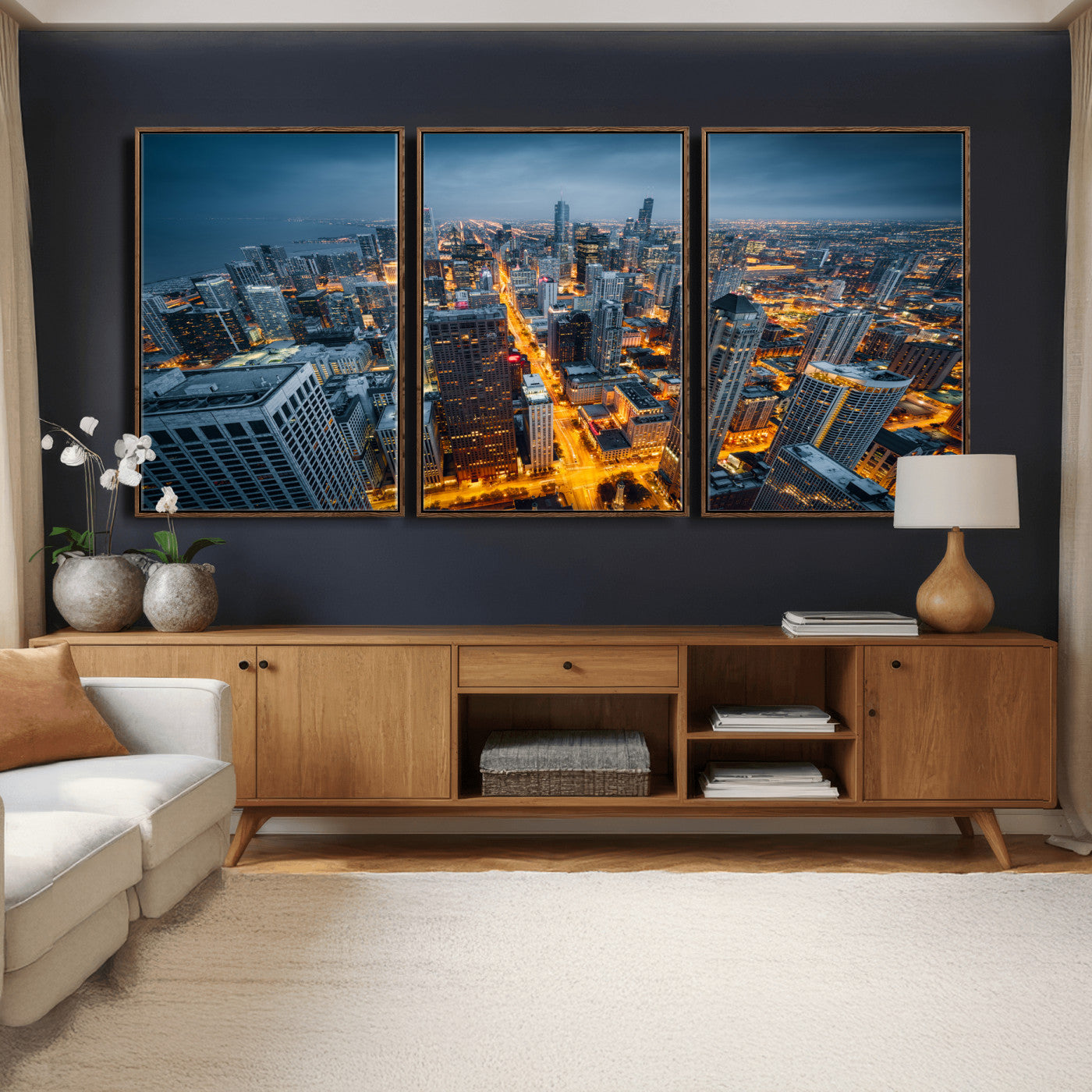 81742538-MGV-CV-36X24 - Chicago Wall Art Canvas Print, Chicago City Downtown Night Cityscape Print for Modern Urban Wall Decor