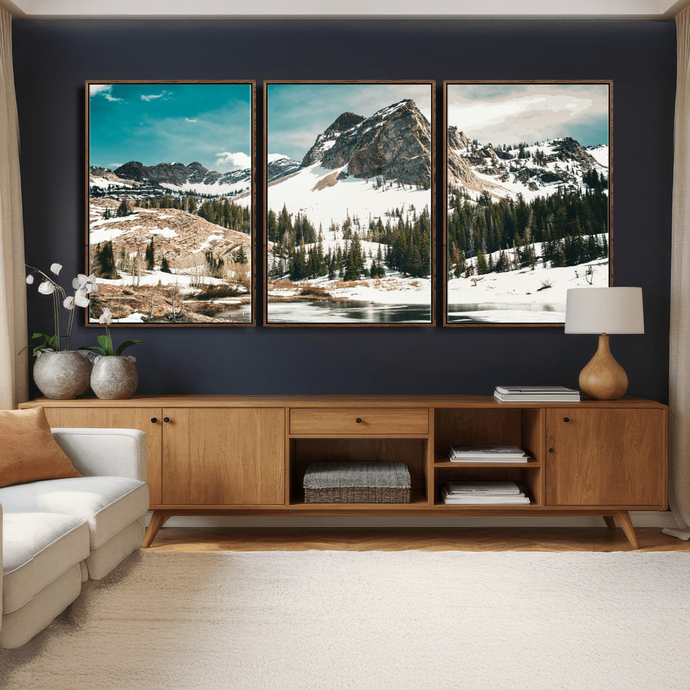 56837070-MGV-CV-36X24 - Snowy Mountain Landscape Wall Art Canvas Print, Alpine Pine Forest Winter Nature Wall Decor for Living Room and Office