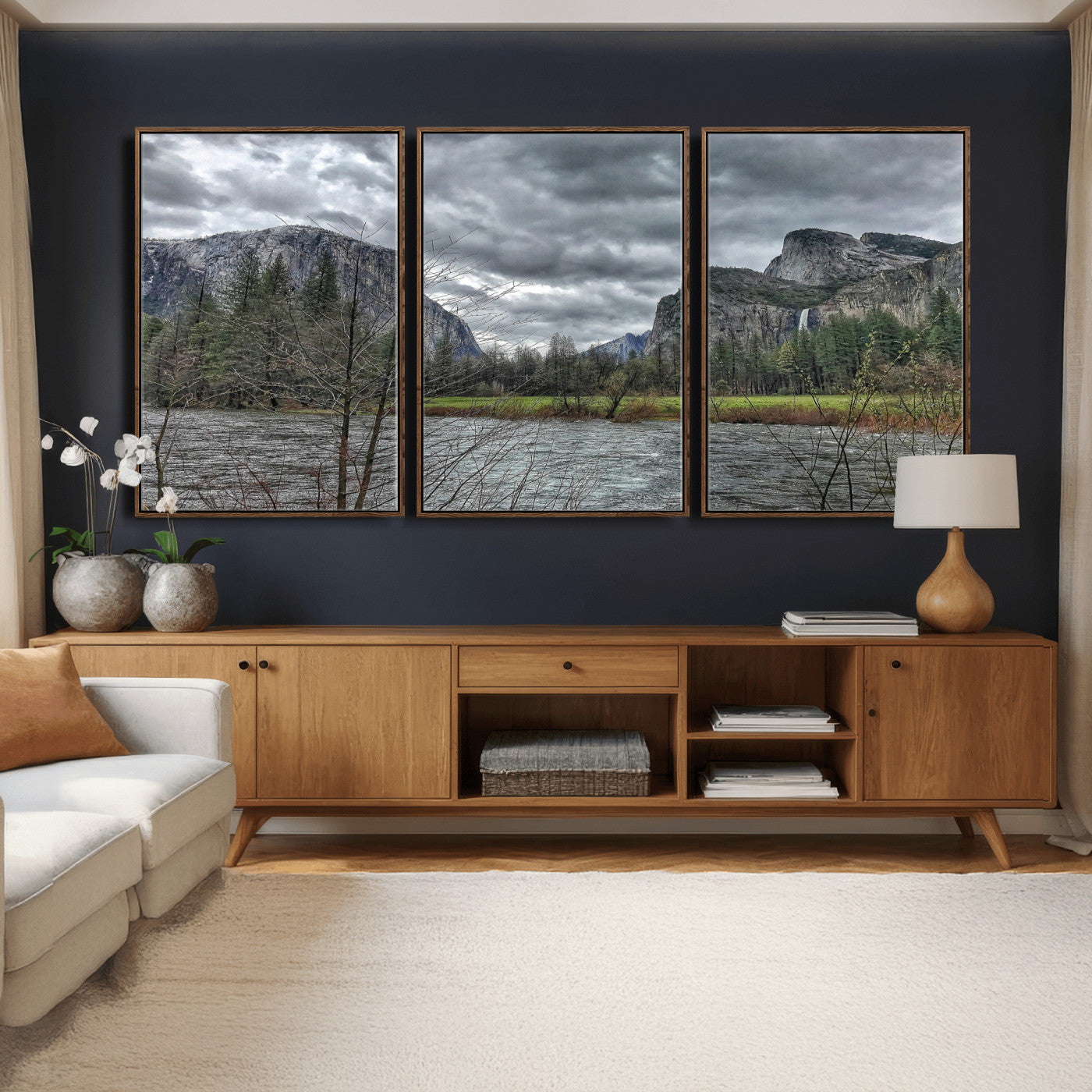 75582552-MGV-CV-36X24 - Yosemite Valley River Landscape Wall Art Canvas Print, Granite Cliffs Forest River Canvas Print, California National Park Moody Scenic Art Printi