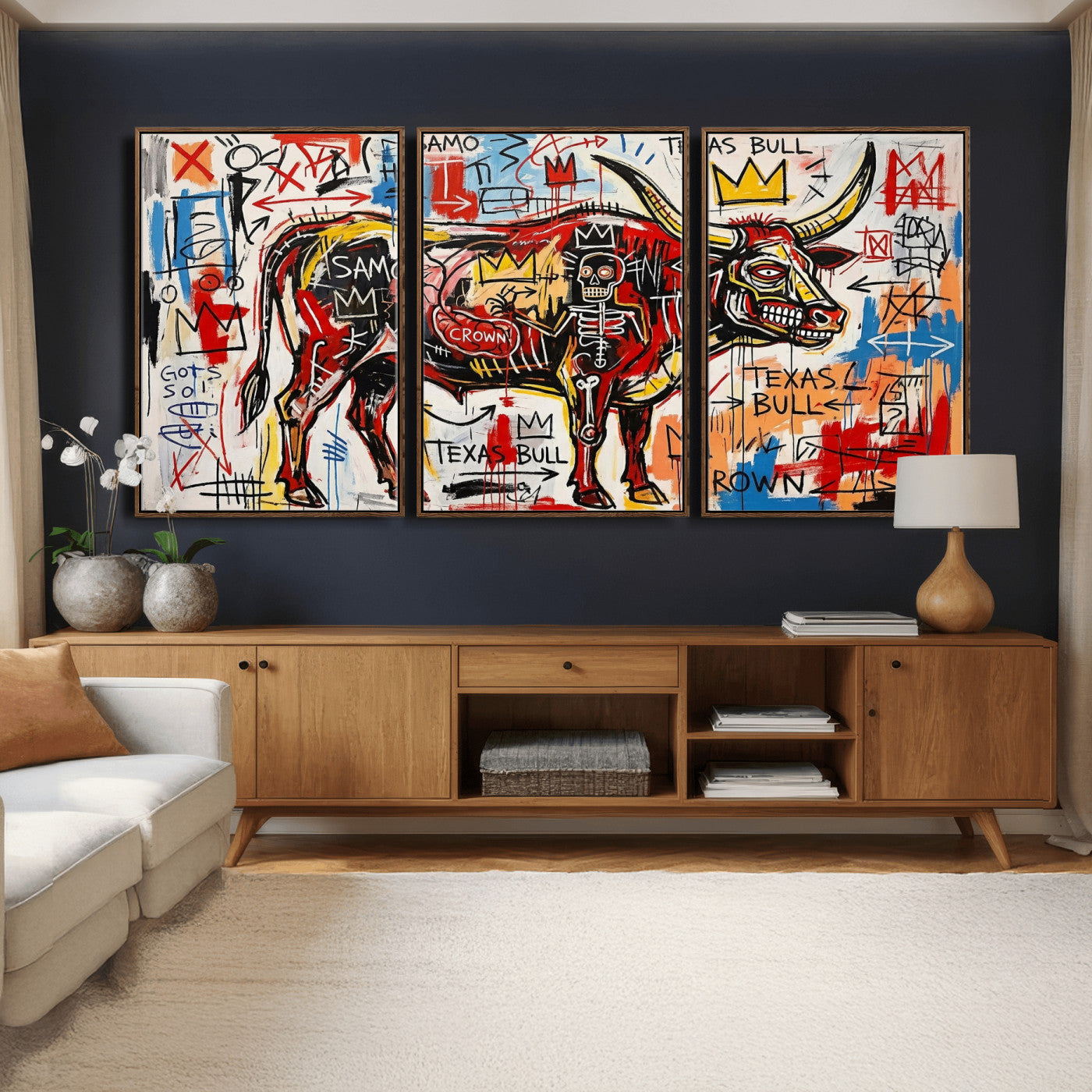 89504579-MGV-CV-36X24 - TITLE: Texas Bull Wall Art Canvas Print, Abstract Graffiti Bull Painting, Western Animal Art, Modern Ranch Decor