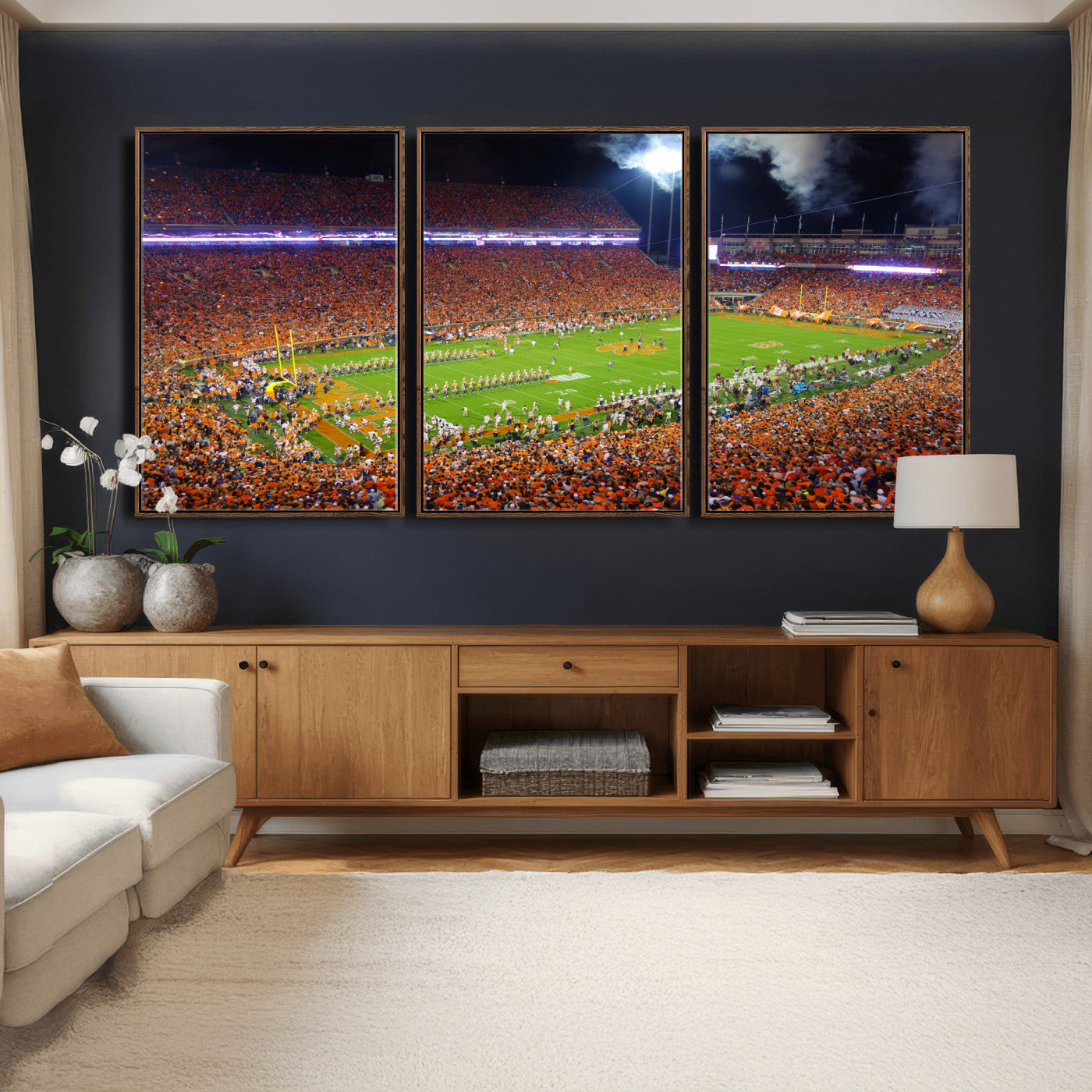 43662631-MGV-CV-36X24 - Clemson Football Stadium Wall Art Canvas Print, College Football Crowd Night Game Scene, Orange Stadium Panorama Wall Decor