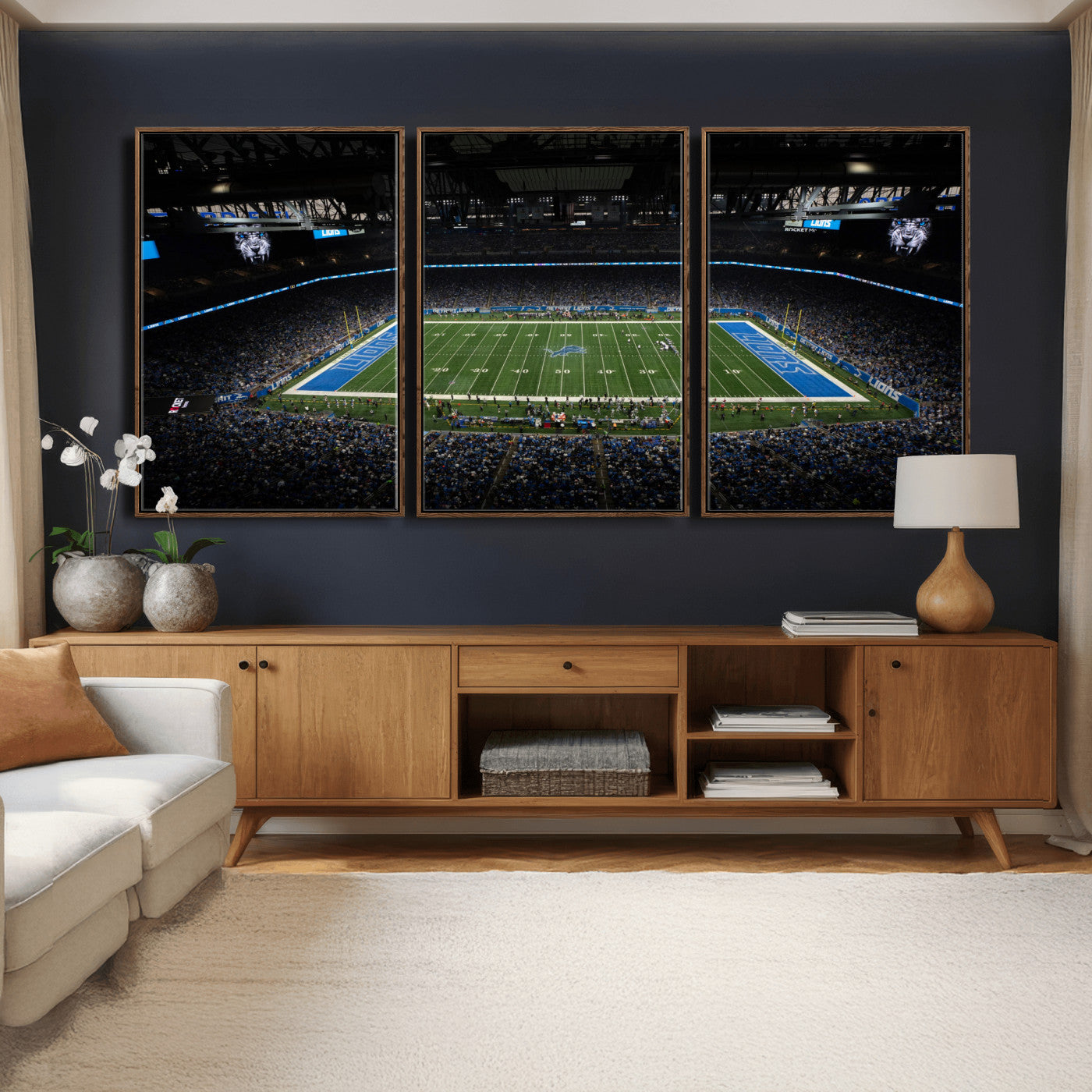 16709602-MGV-CV-36X24 - Detroit Lions Stadium Wall Art Canvas Print, Football Field Panorama Artwork, NFL Game Night Stadium Decor