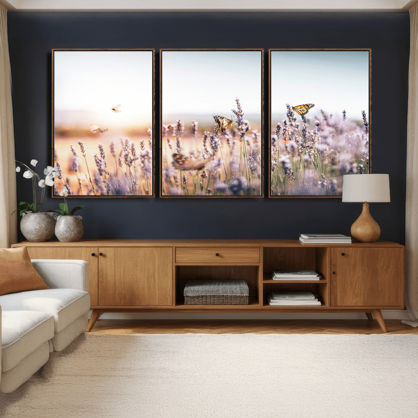 46417478-MGV-CV-36X24 - Lavender Field Wall Art Canvas Print, Butterfly Floral Landscape Art, Soft Nature Wall Decor for Bedroom