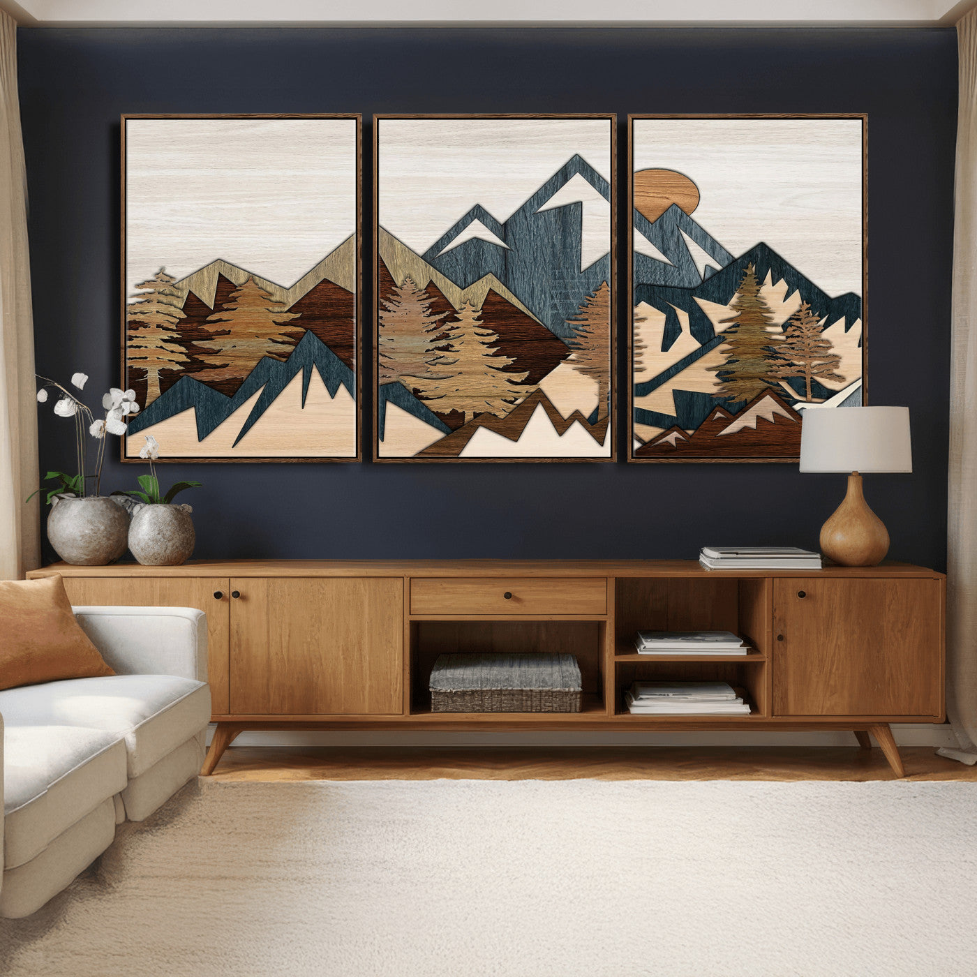 61833055-MGV-CV-36X24 - Mountain Forest Wall Art Canvas Print, Layered Wood Landscape Artwork, Rustic Nature Wall Decor for Living Room