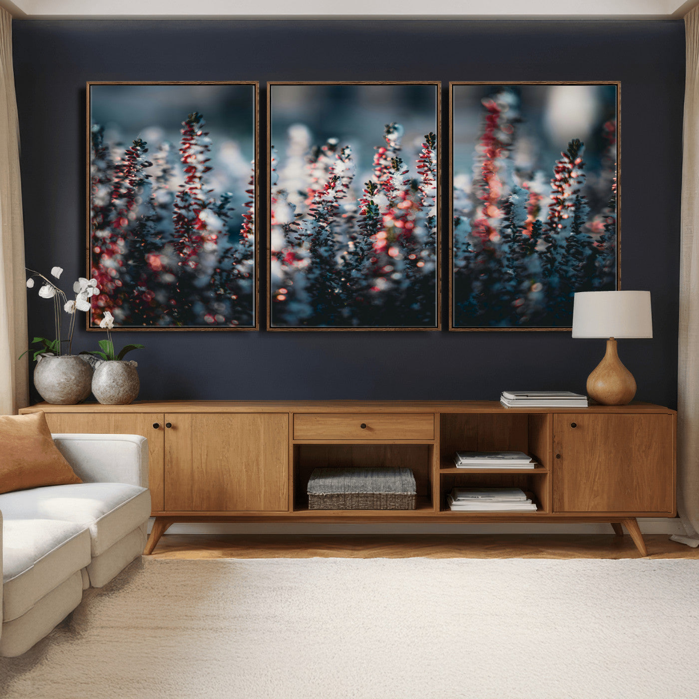 82063935-MGV-CV-36X24 - Winter Heather Wall Art Canvas Print, Frosted Floral Nature Art, Moody Botanical Wall Decor