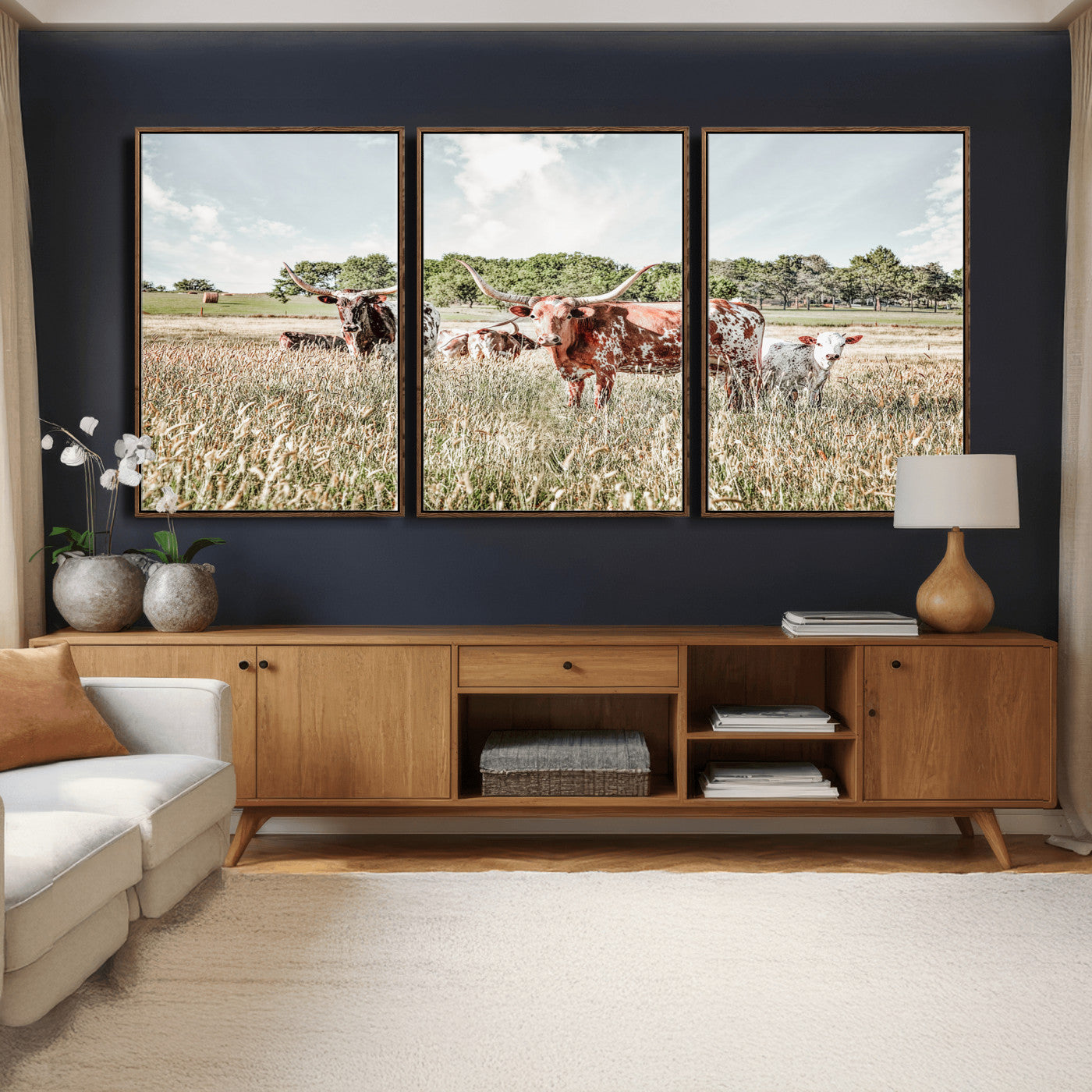 21823552-MGV-CV-36X24 - Texas Longhorn Cattle Wall Art Canvas Print, Rustic Ranch Landscape Artwork, Western Farm Field Scene, Country Prairie Animal Canvas Wall Art