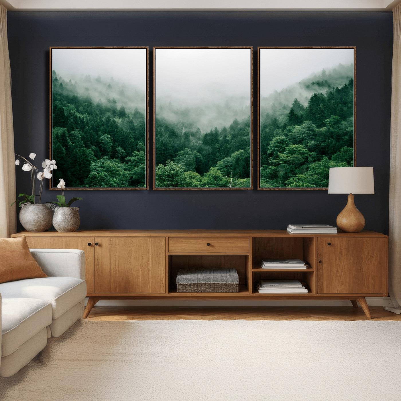 61640815-MGV-CV-36X24 - Misty Pine Forest Wall Art Canvas Print, Foggy Evergreen Landscape Wall Decor, Moody Green Nature Artwork, Minimal Forest Canvas Wall Art, Framed Canvas Wall Art Ready to Hang