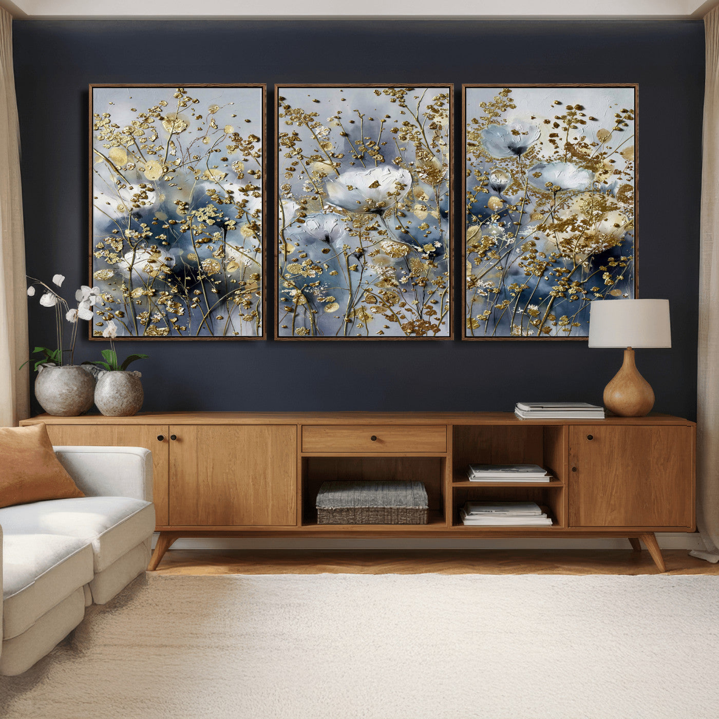 24499670-MGV-CV-36X24 - Abstract Floral Wall Art Canvas Print – Gold and Blue Botanical Artwork for Living Room, Bedroom, and Office Decor