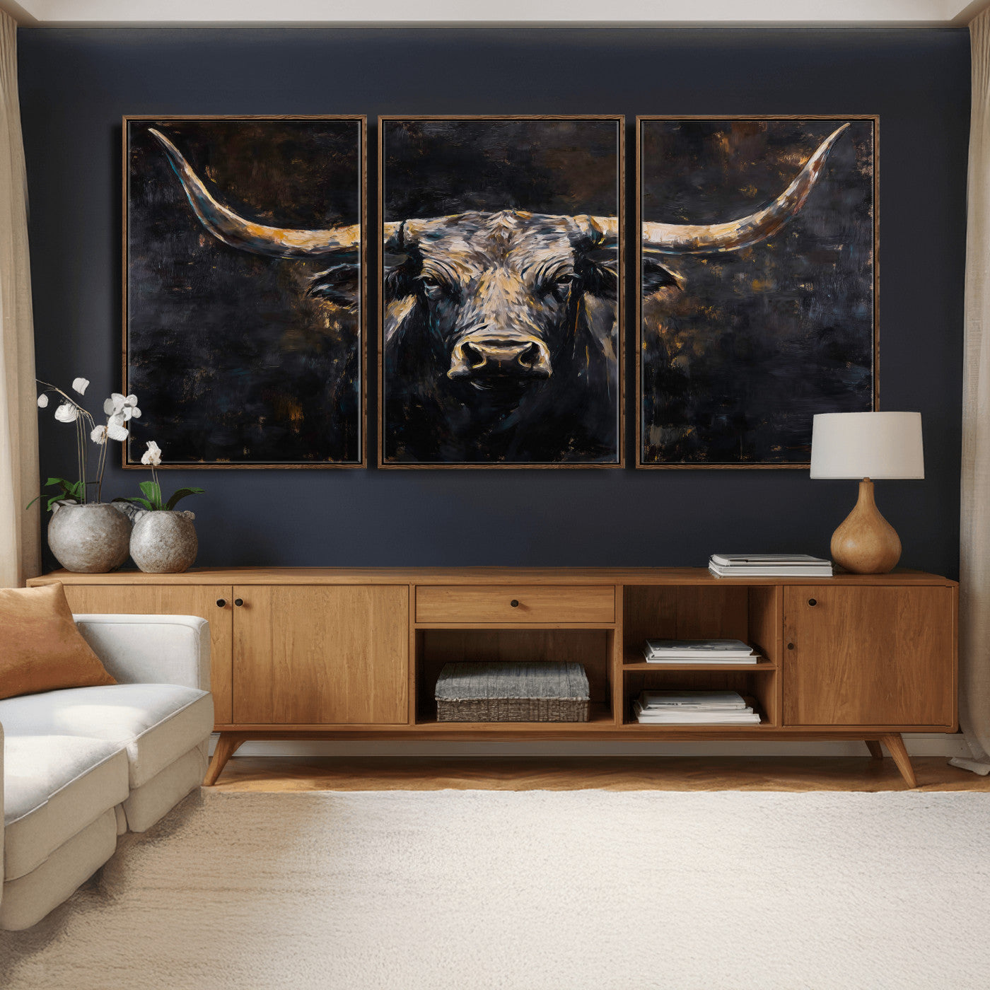 17622011-MGV-CV-36X24 - Abstract Longhorn Bull Wall Art Canvas Print – Dark Rustic Western Cattle Artwork for Farmhouse, Ranch, Cabin, and Office Decor
