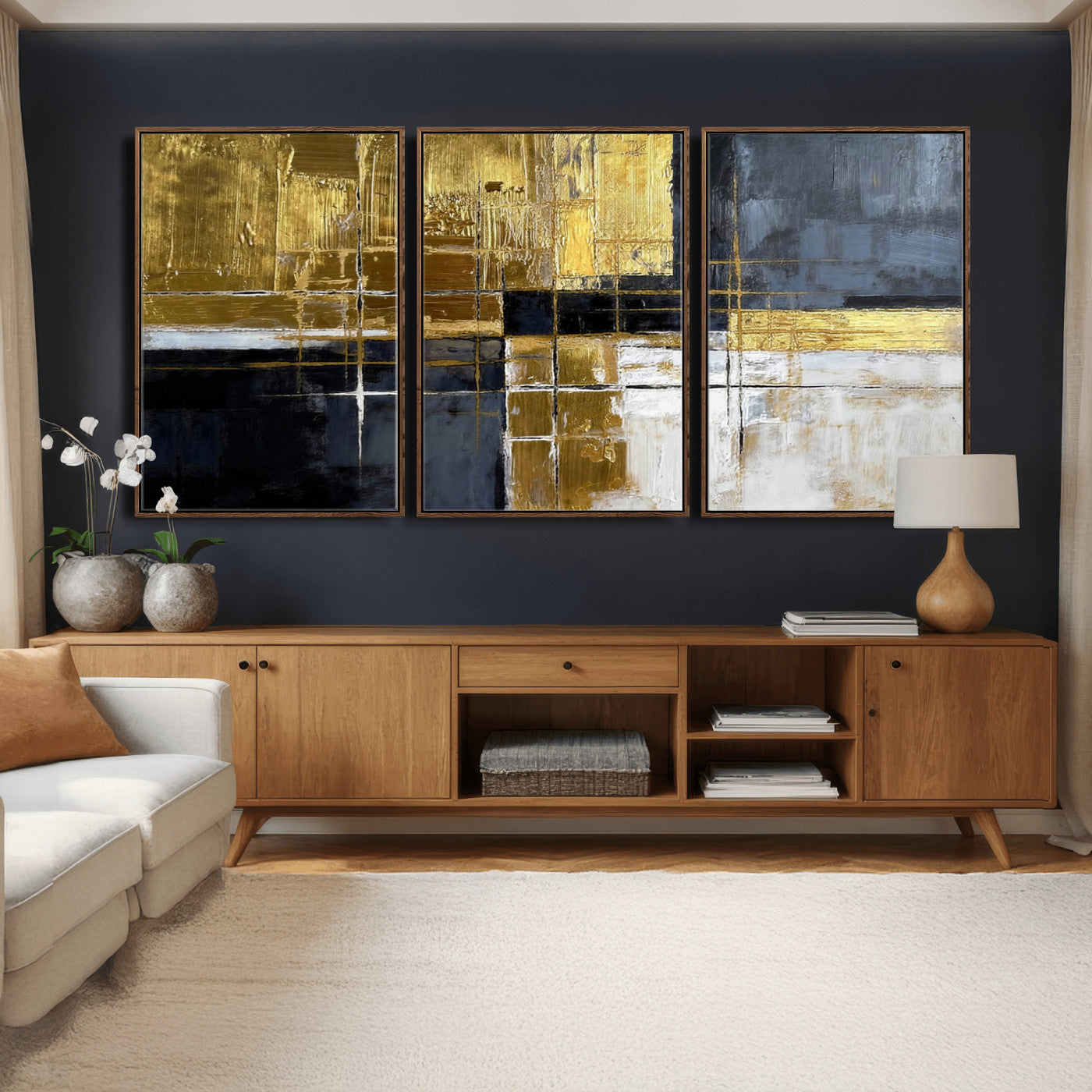 76917030-MGV-CV-36X24 - Gold Navy Abstract Wall Art Canvas Print, Modern Luxury Geometric Painting Wall Decor for Living Room and Office